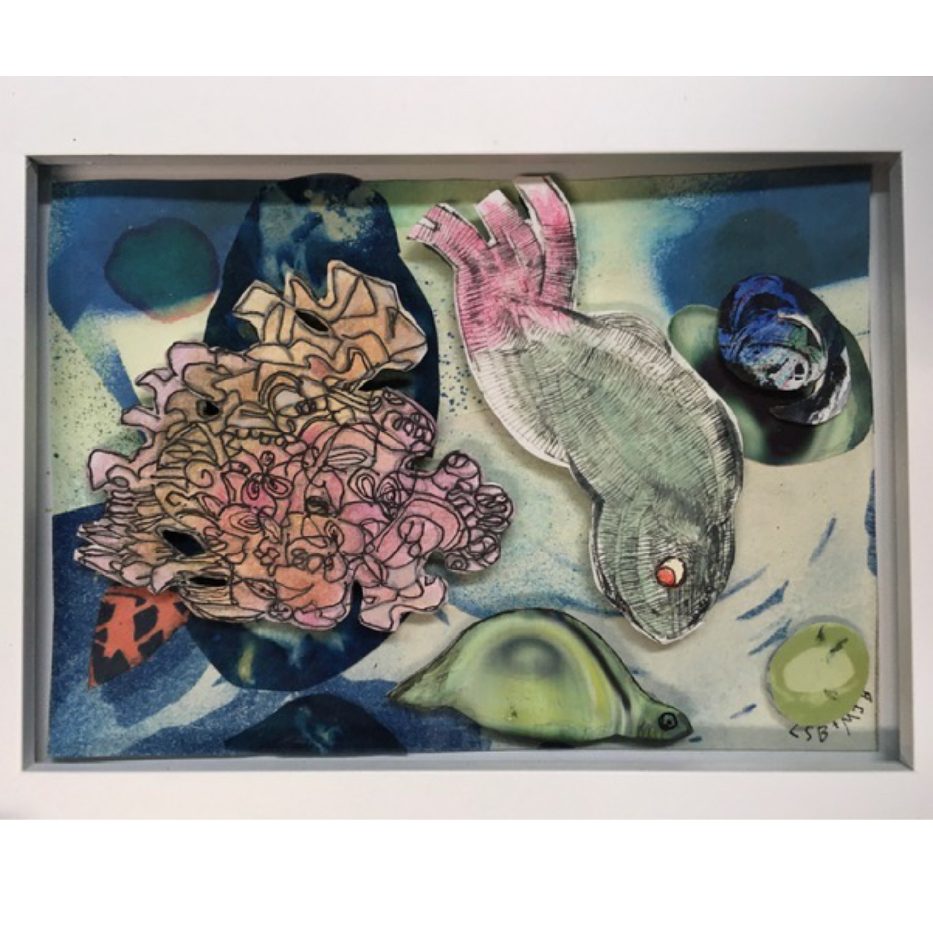 Fish Tales- 2021, collaboration with Michael Biddle, 5 x 7 x ¼”, printed matter, ink, cyanotype, collage