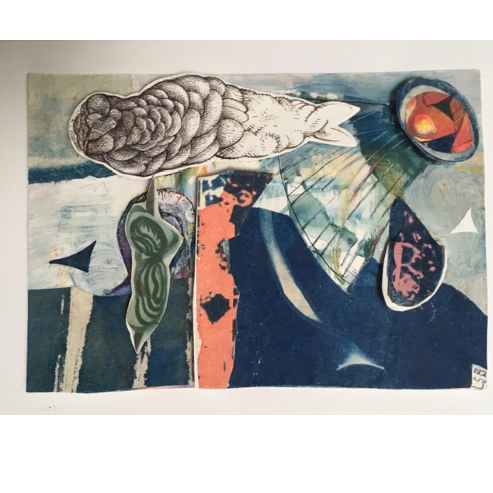 Attention Overhead Overhead – 2021, 5 x 7 x 3/8’’,collaboration with Michael Biddle, cyanotype, ink, gouache, collage