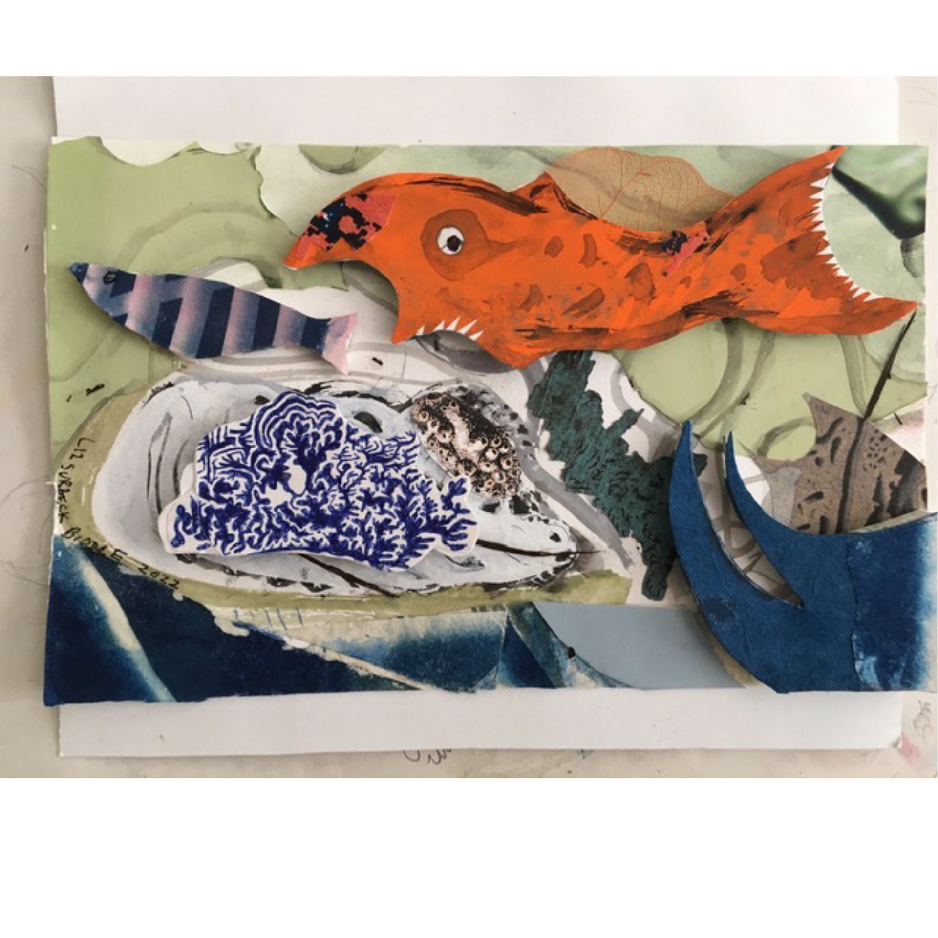 Fish Eating Fish-  4 x 6 x ¼”, 2022, collage, colored paper, watercolor
