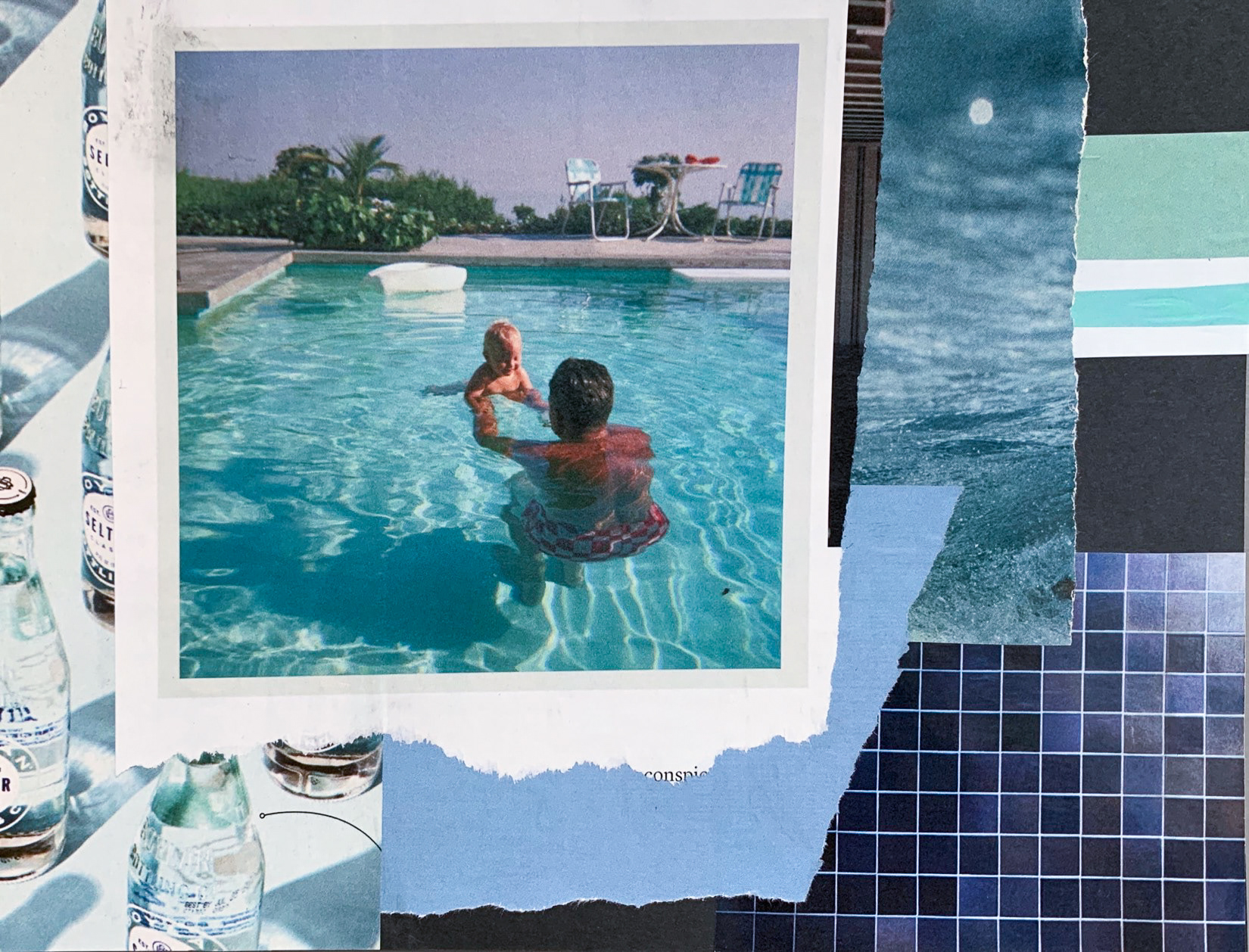 Collage mail art postcard inspired by water for submission to Imagining America's "The Shape of Us: Water Ways and Movements" Mail Art Project.