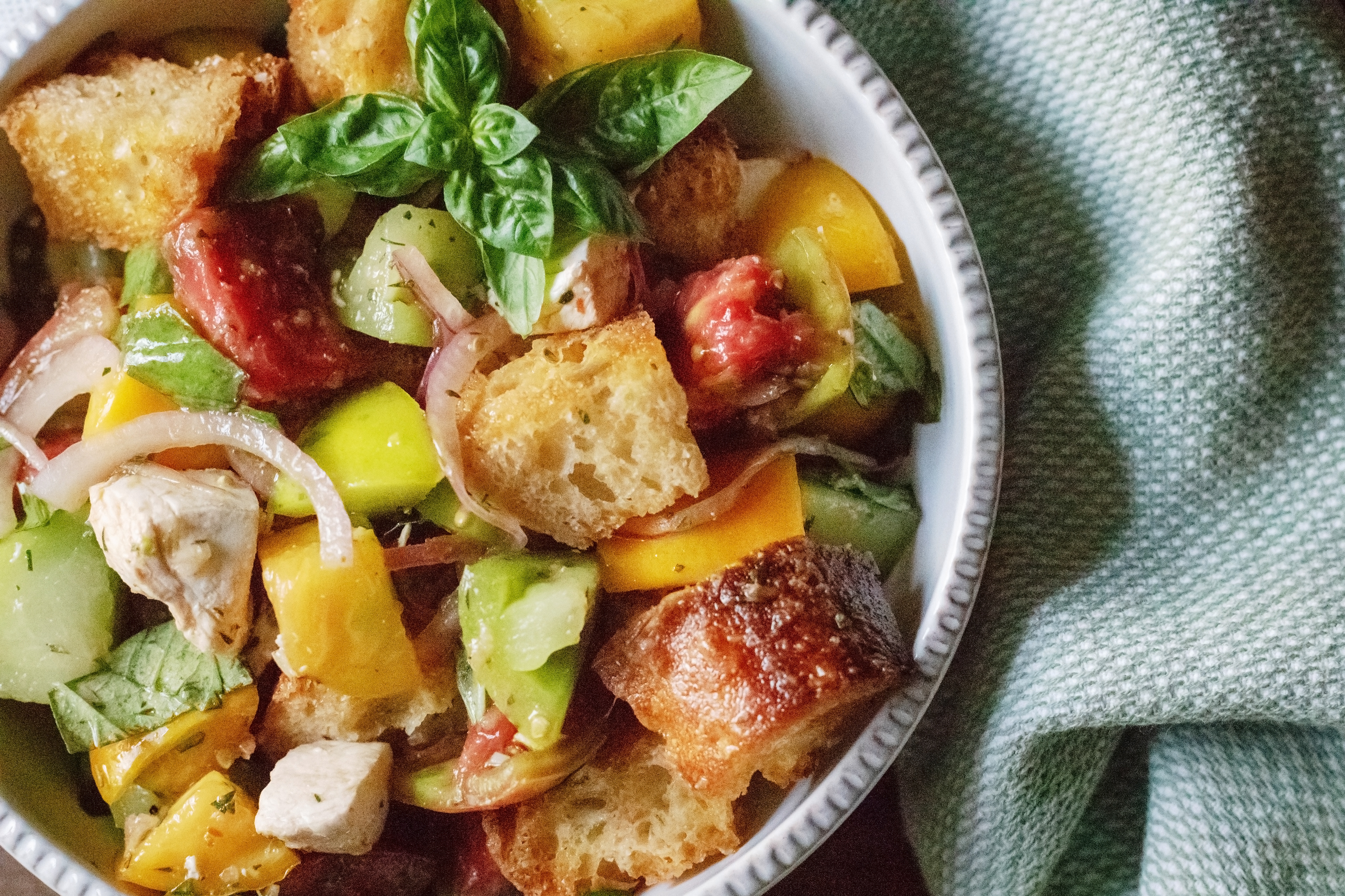panzanella salad with heirloom tomatoes and fresh mozarella
