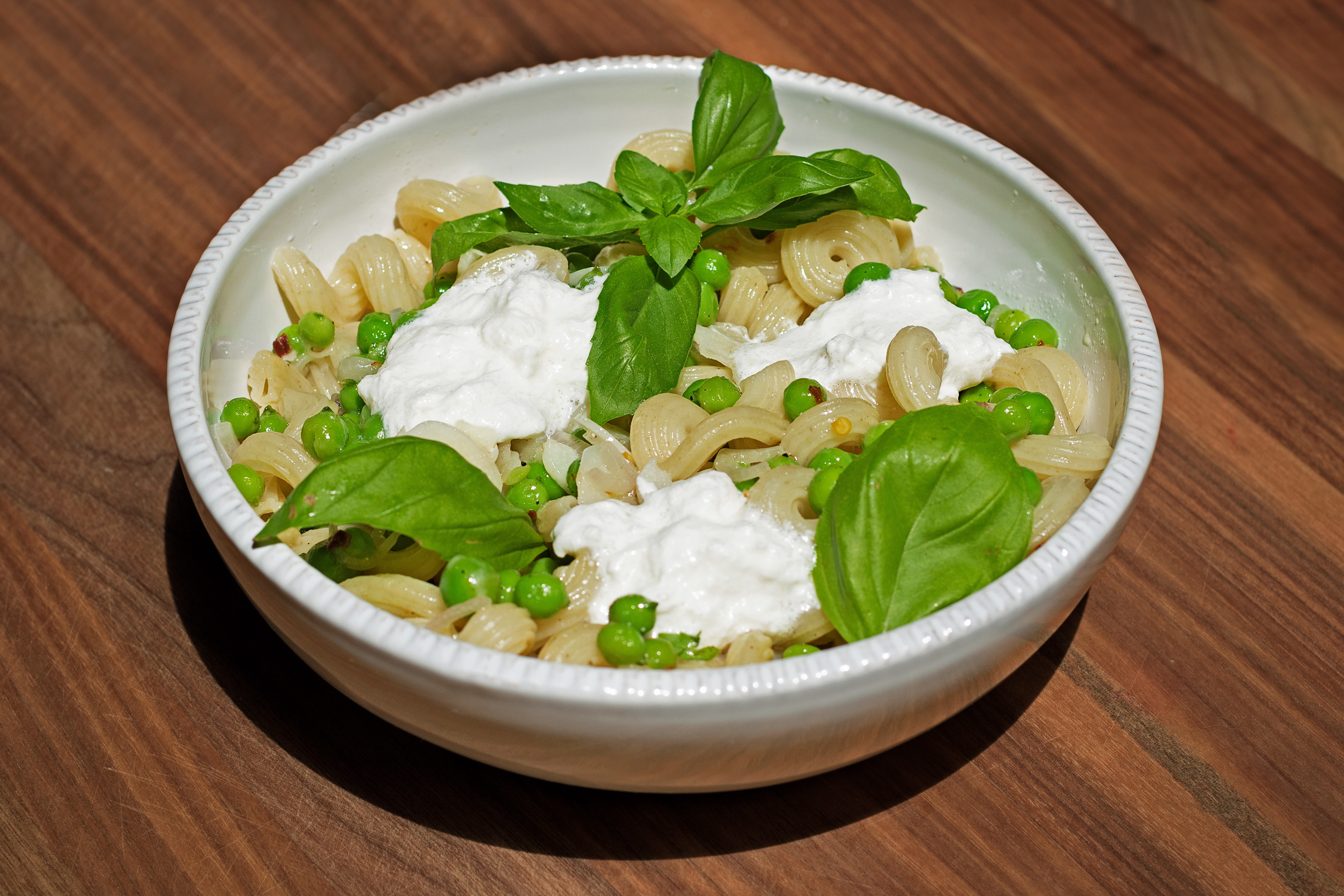 spring pea pasta with burrata and basil