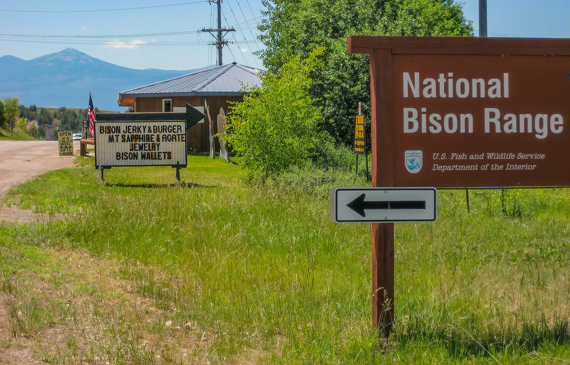 At the entrance to the Natonal Bison Range is a place selling bison jerky and burgers.