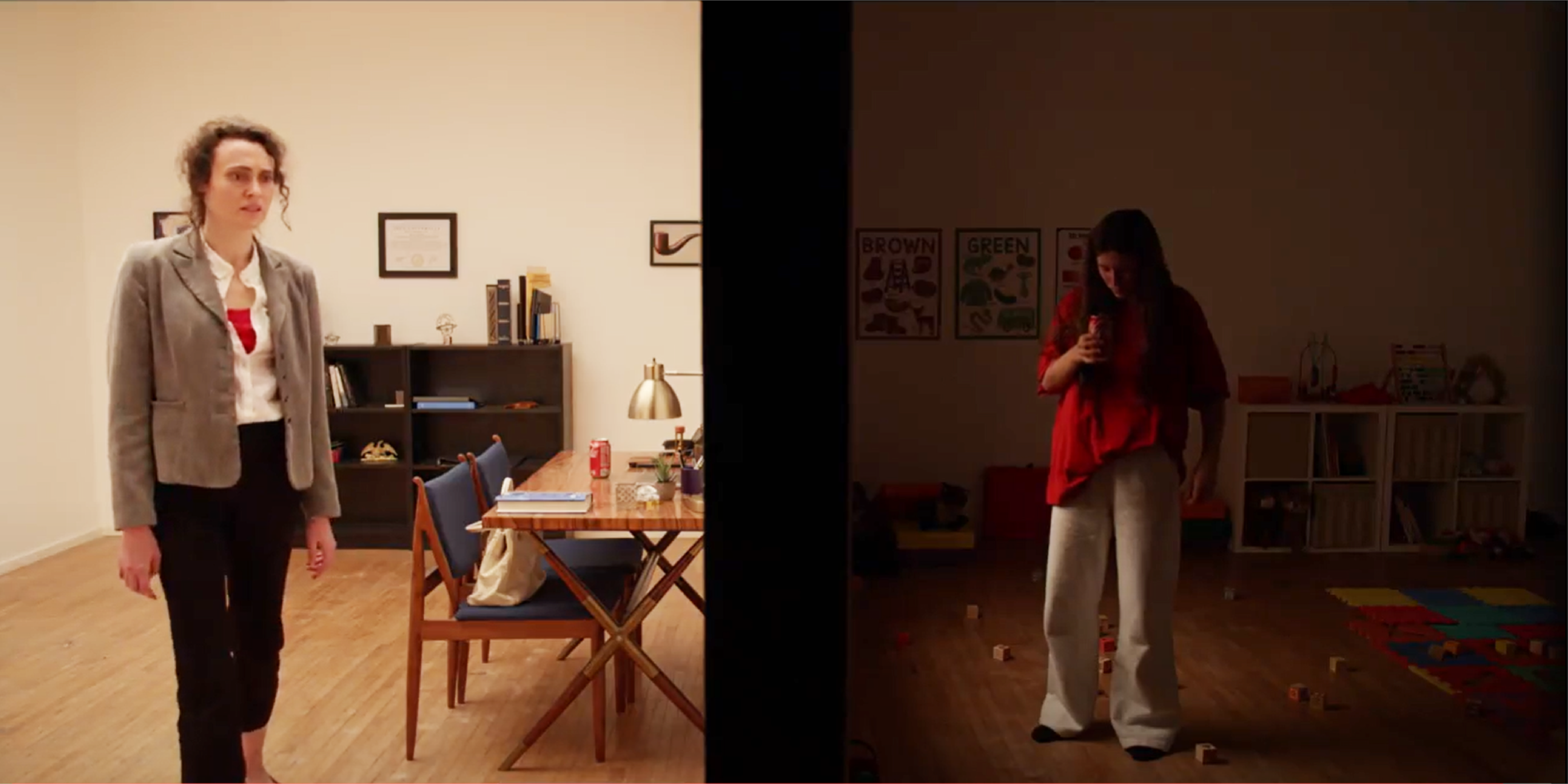 Dr. Amy & the feral child on opposite sides after an incident, split screen