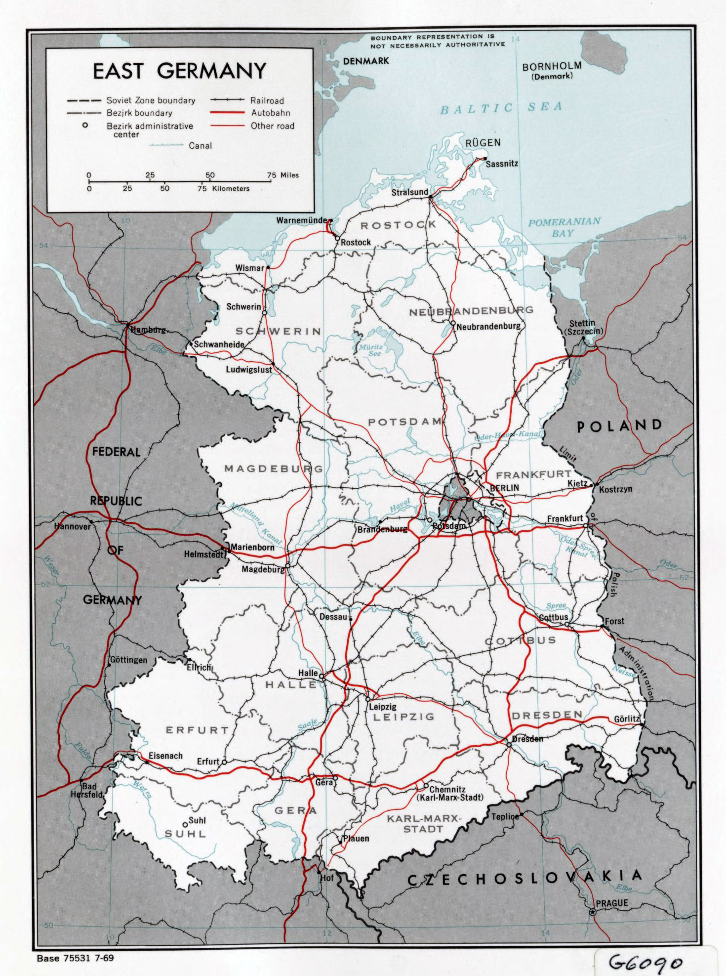 large political and administrative map of East Germany with roads, railroads, and major cities, 1969