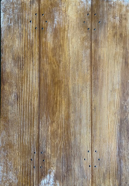 Raised grain oak sample.  Emulsion paints, glaze, Artex, whiting and graphite powder on MDF