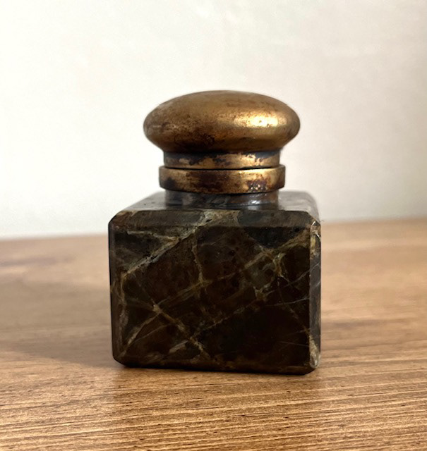Brass effect lid painted with solvent based paint, aged with whiting and van dyke crystals.