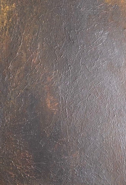 Rusty iron sample.  Emulsion paints, graphite powder and glaze on MDF