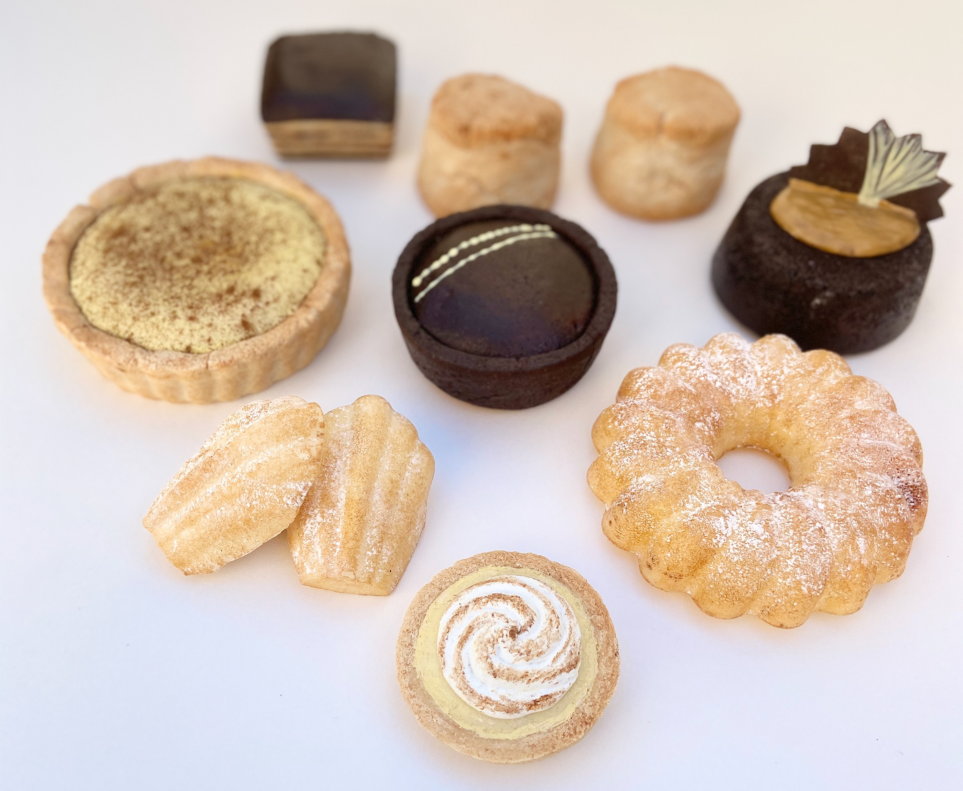 Afternoon tea selection made from salt dough and Polyurethane soft foam.  Finished by hand with acrylic washes, cornflour dusting, Polyfilla, and acrylic paints mixed with gloss medium.