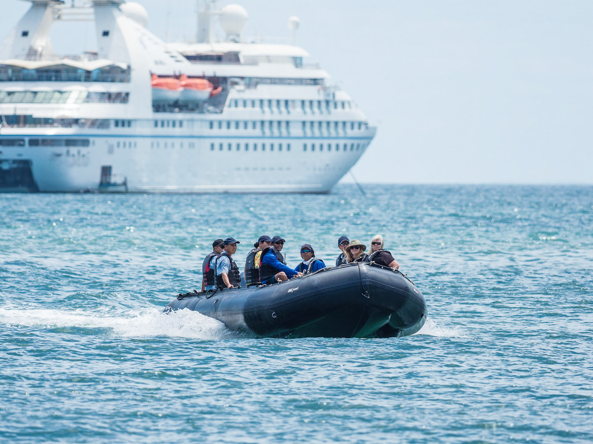 Taking the Zodiak to explore a beach along the coast of Panama.