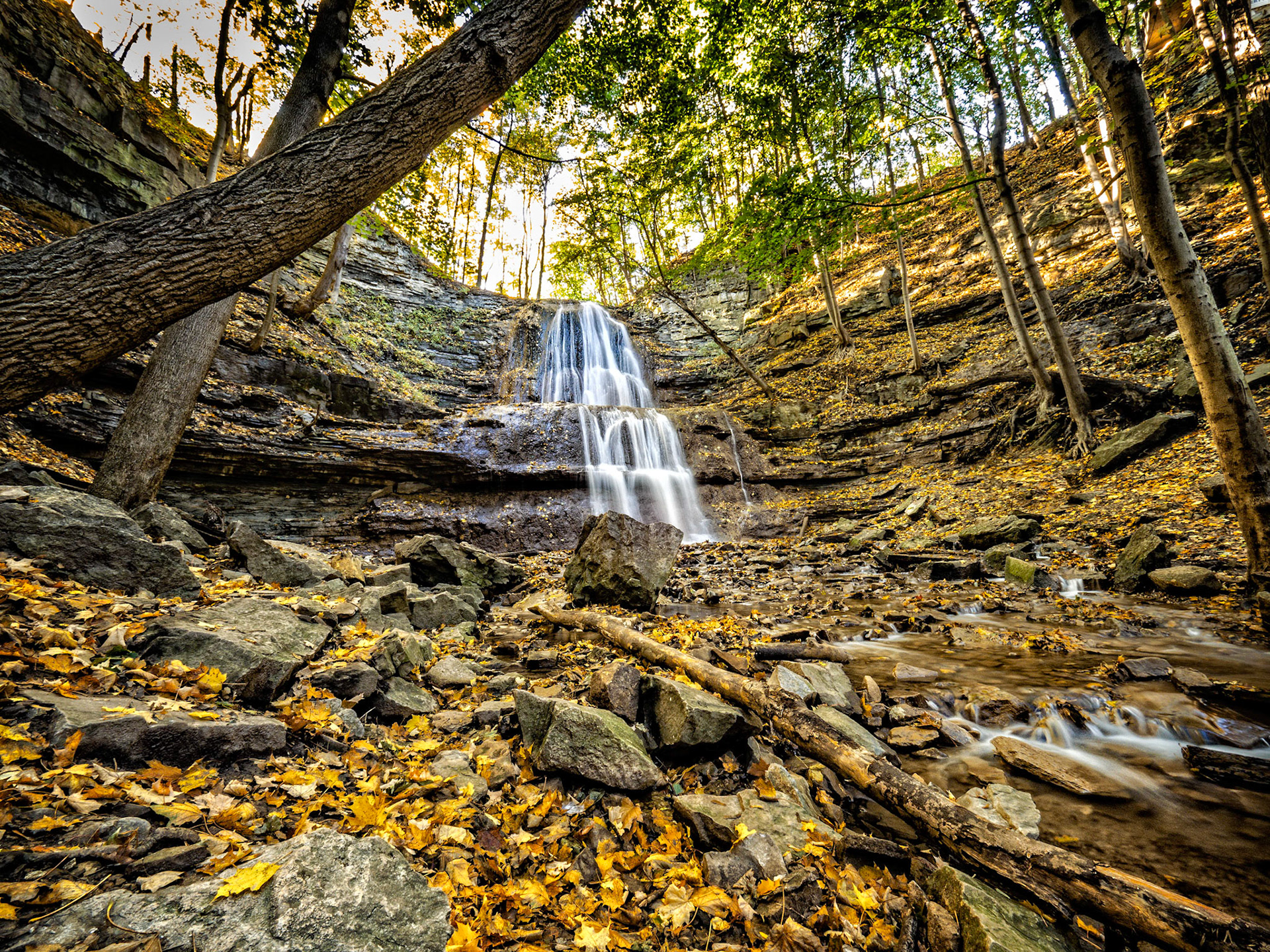 Sherman Falls is located in Ancaster, Ontario along the escarpment.
