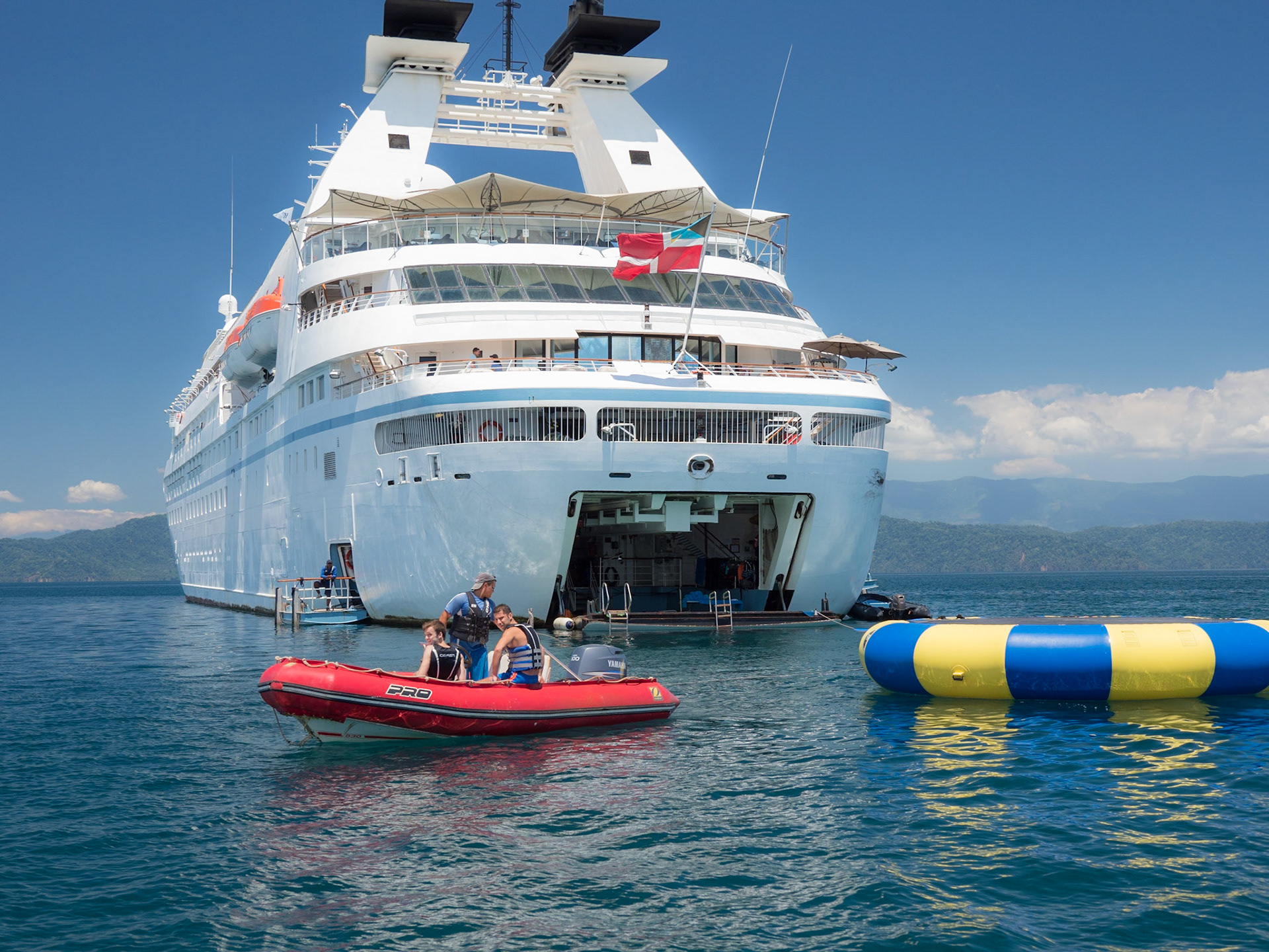 Cruise ships allow passengers to enjoy water sports off the rear platform.