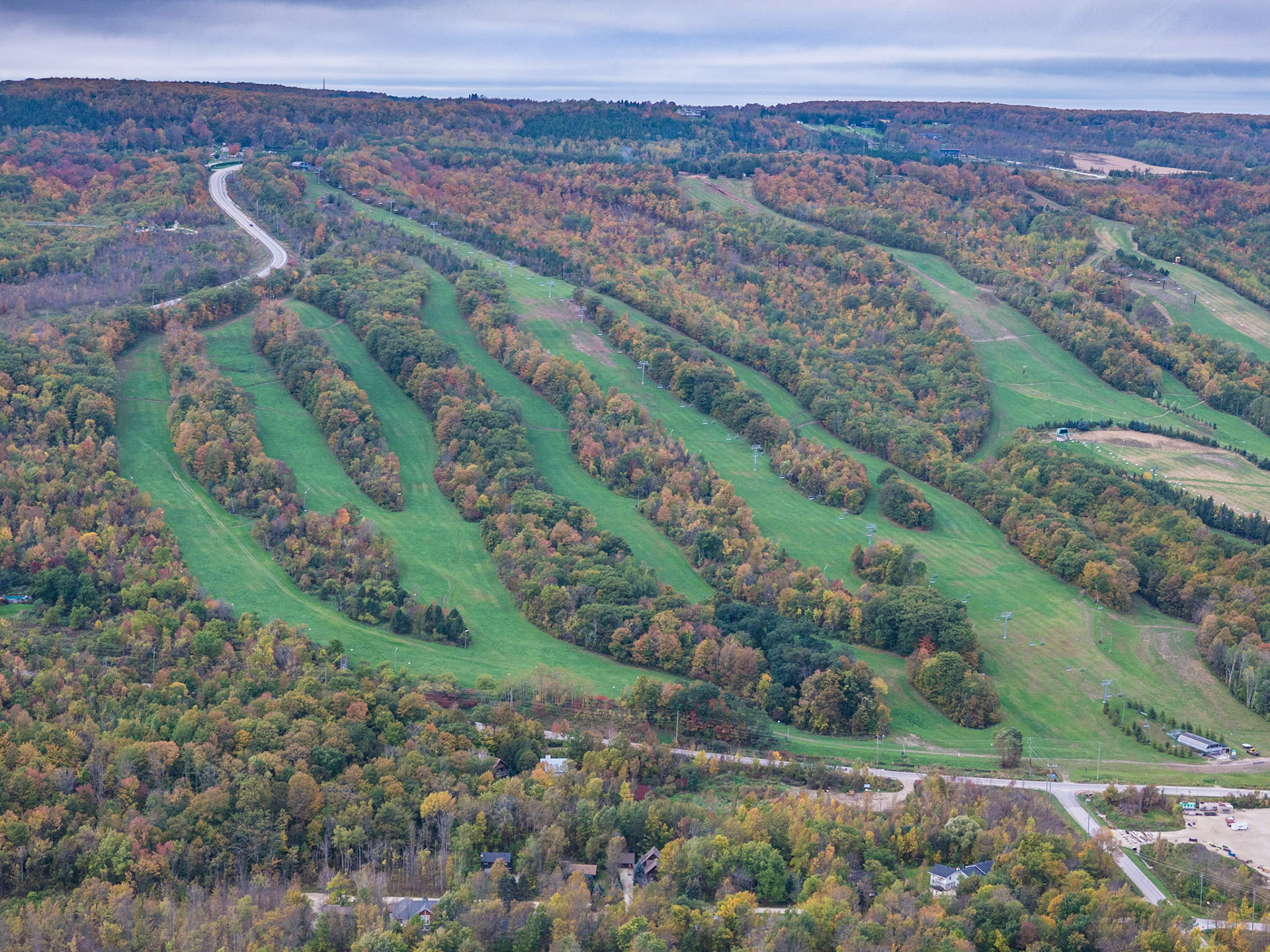 The ski runs at Blue Mountain Resort as seen from a helicopter.