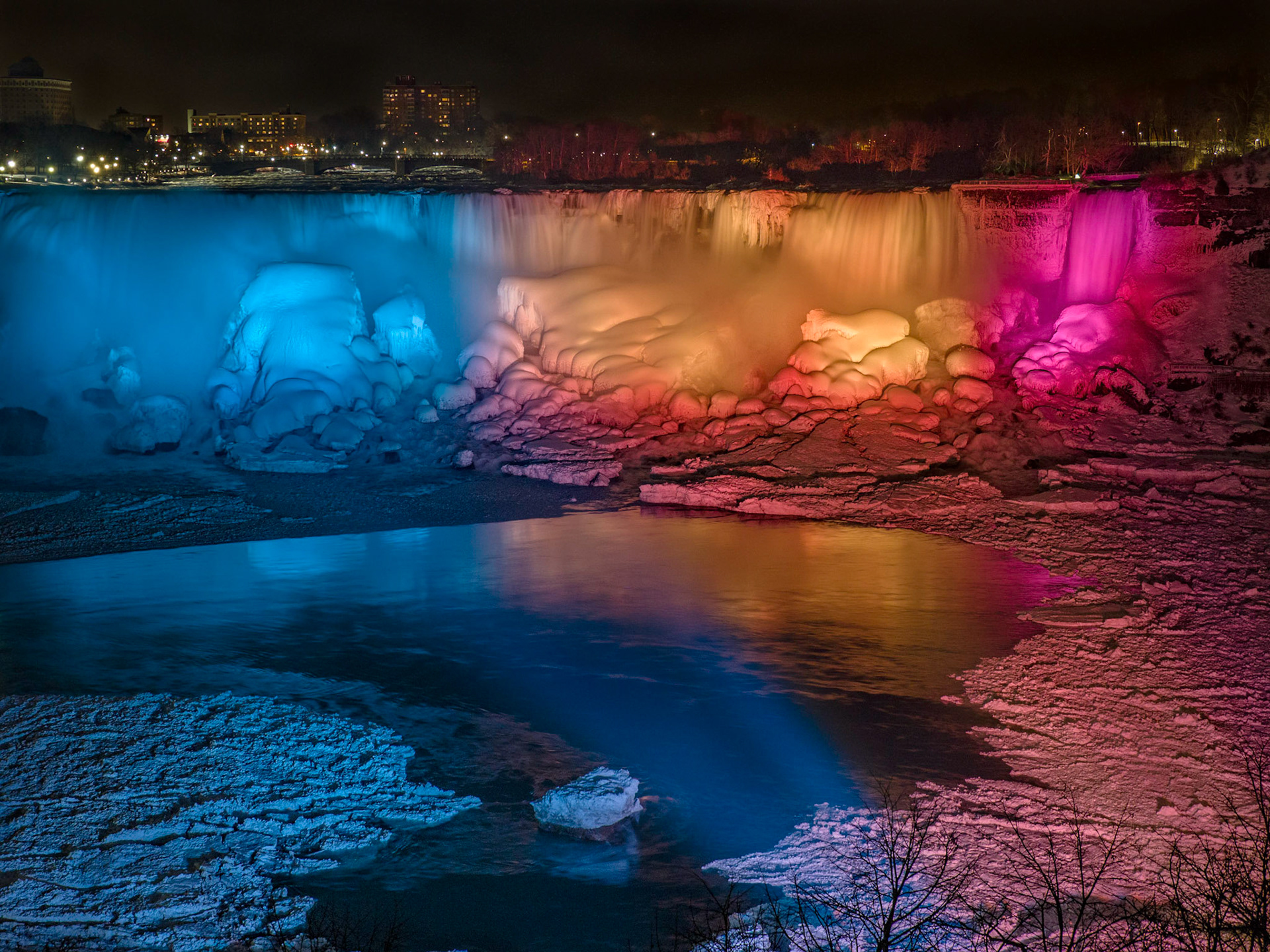 Winter lights on the American Falls in Niagara Falls, Onterio.