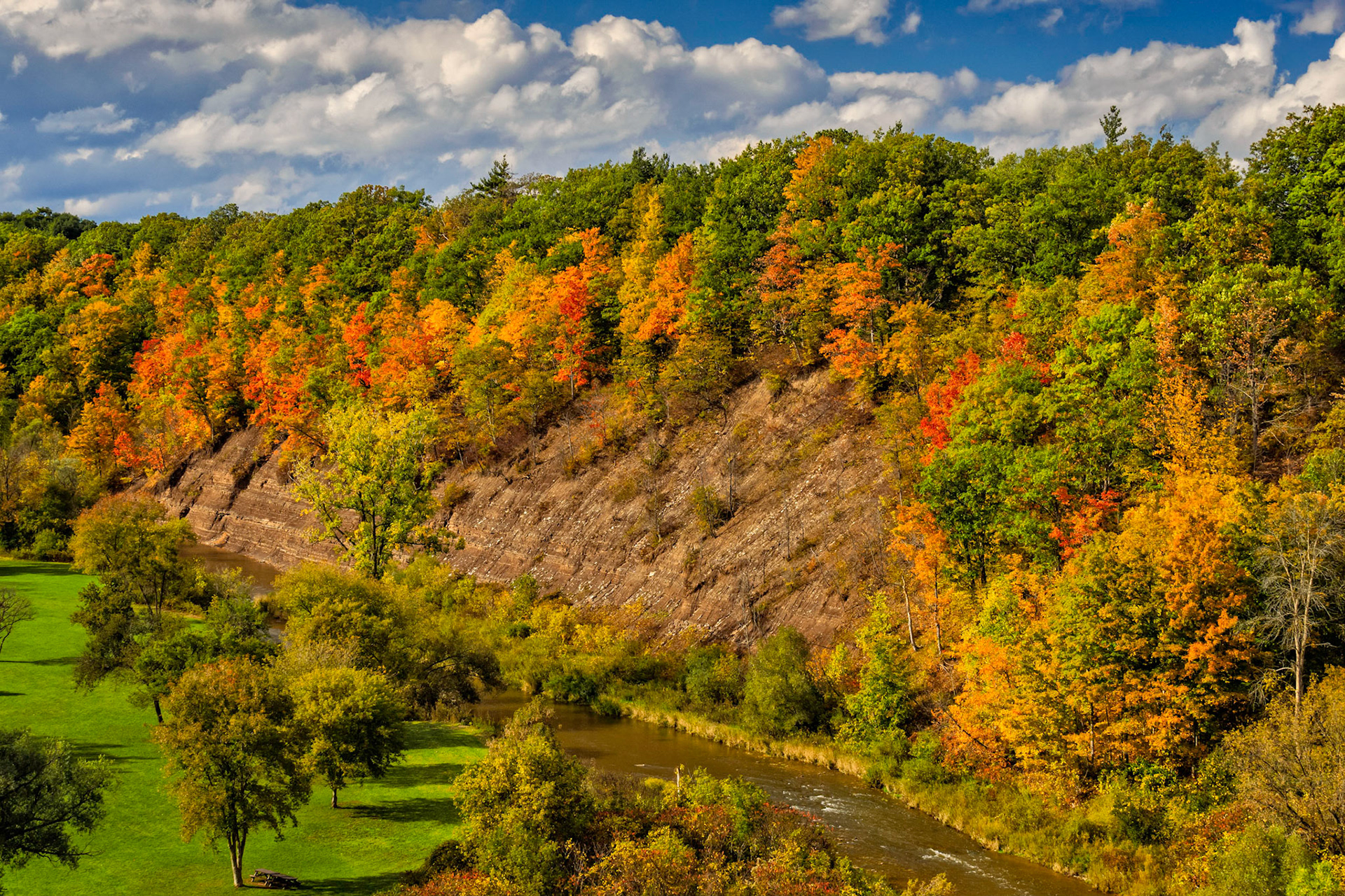 View from the viaduct overlooking Lion's Valley Park in Oakville, Ontario.