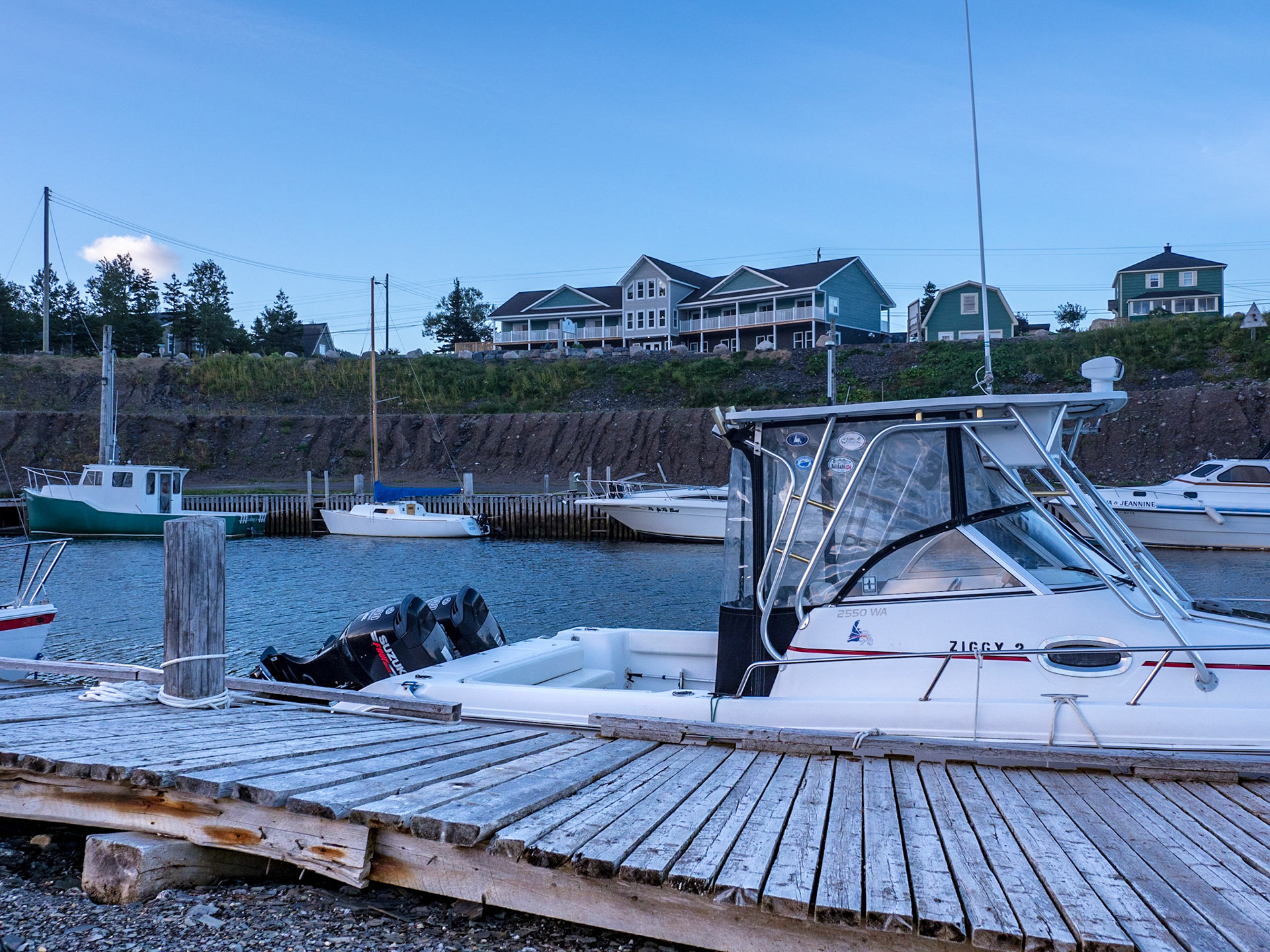 View from the docks in Neddie's Habour toward's the Tides Inn Suites hotel.