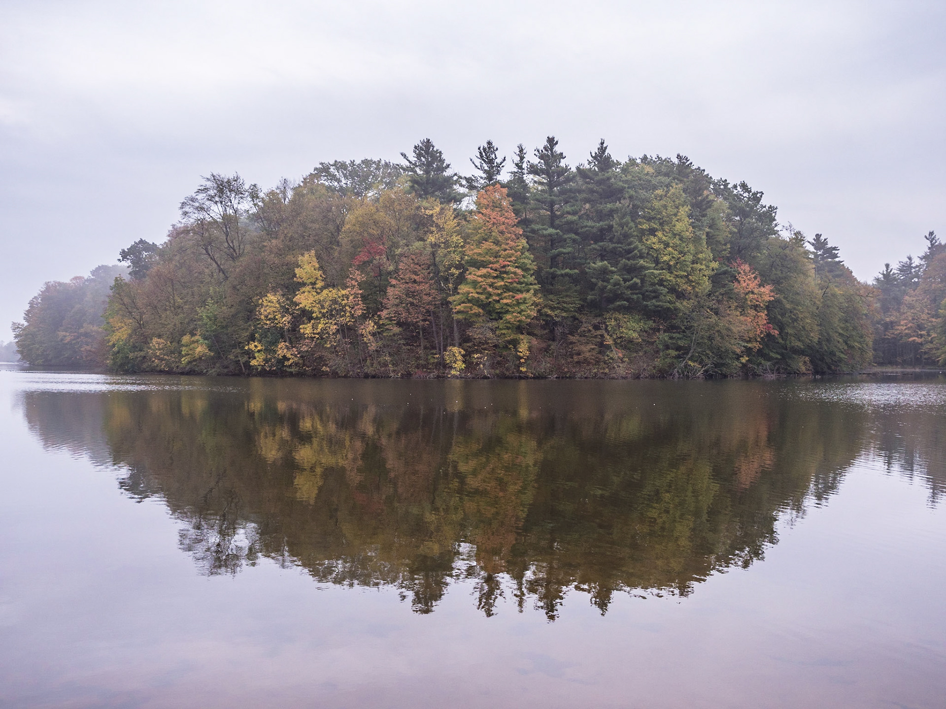 Reflections on a foggy fall day at Christie Lake near Hamilton, Ontario.