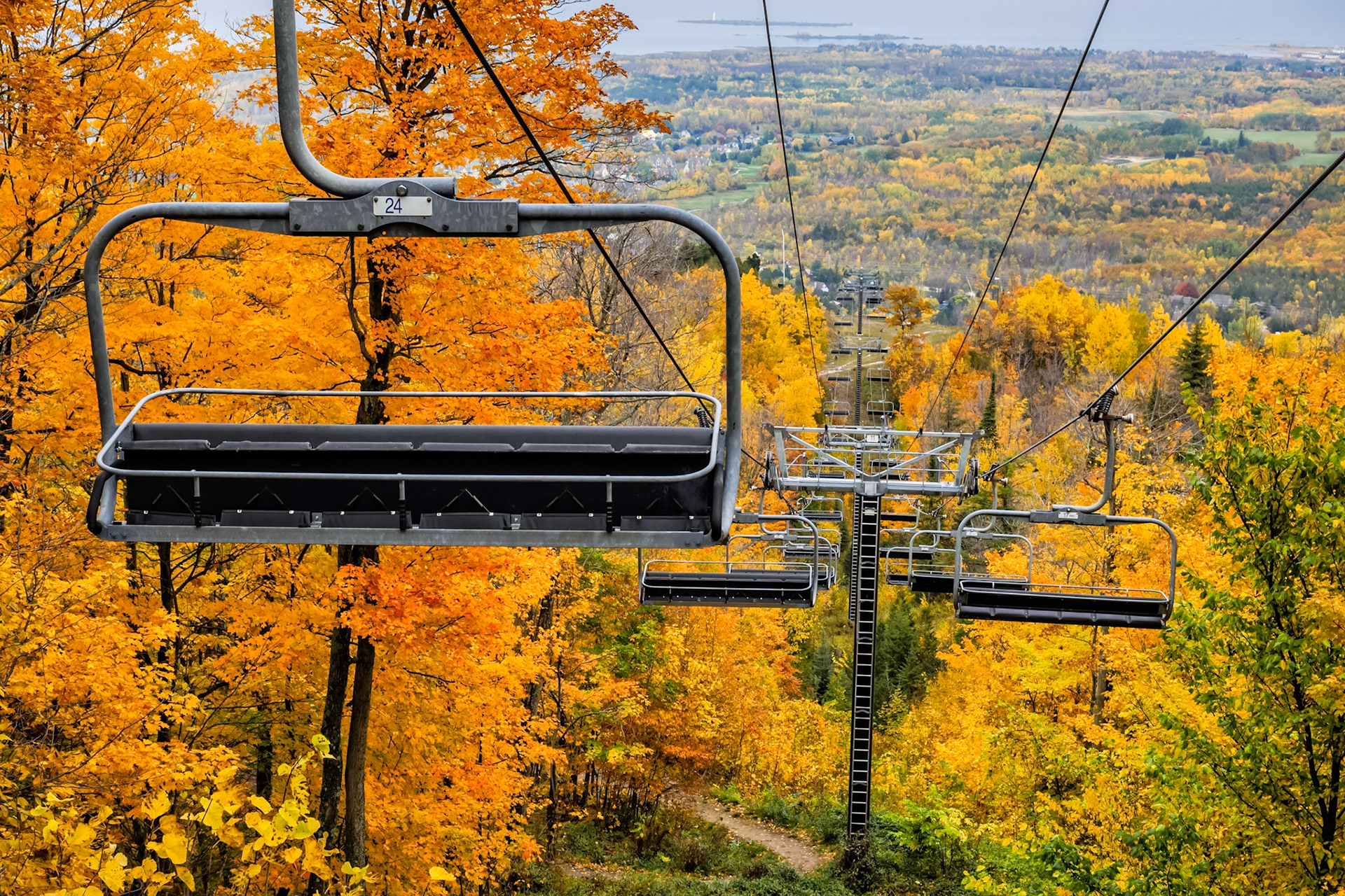 Ski chairlifts at Blue Mountain Resort await the snow.