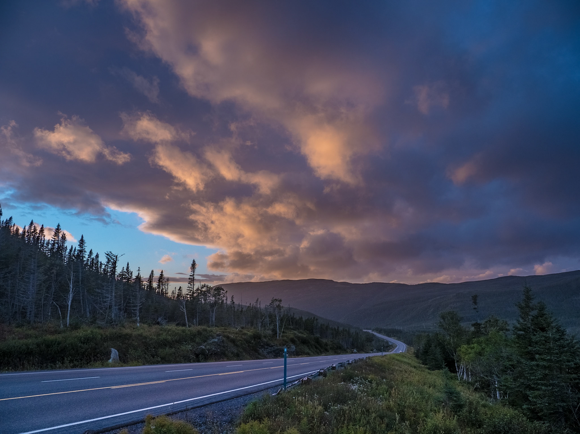 Highway 430 at sunset in Gros Morne National Park, Newfoundland.