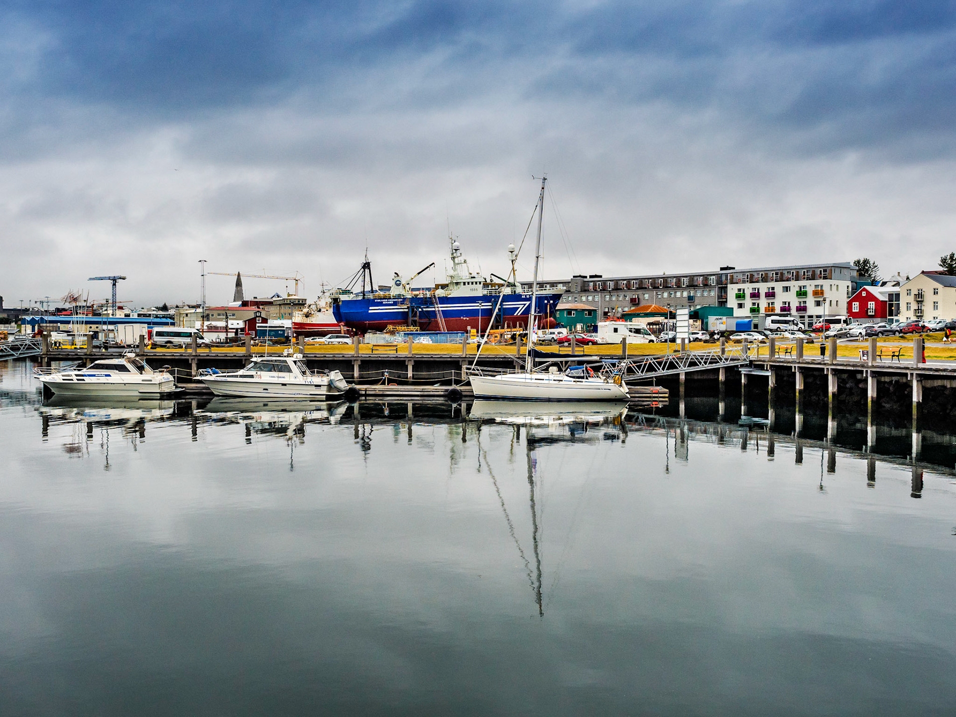 Beautiful reflections in old Reykjavik harbour, Iceland.