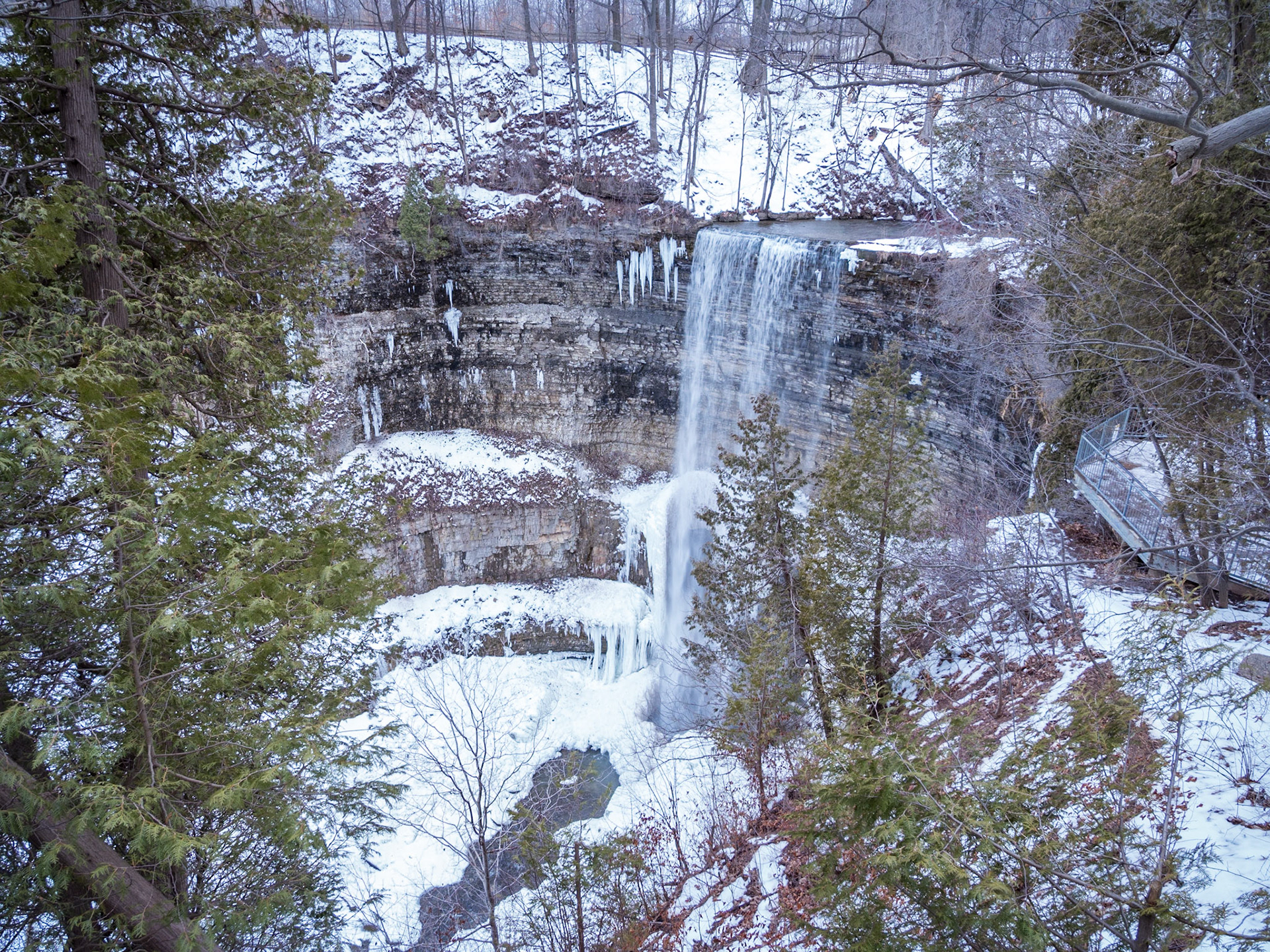 Tews Falls is located on the escarpment north of Dundas, Ontario.
