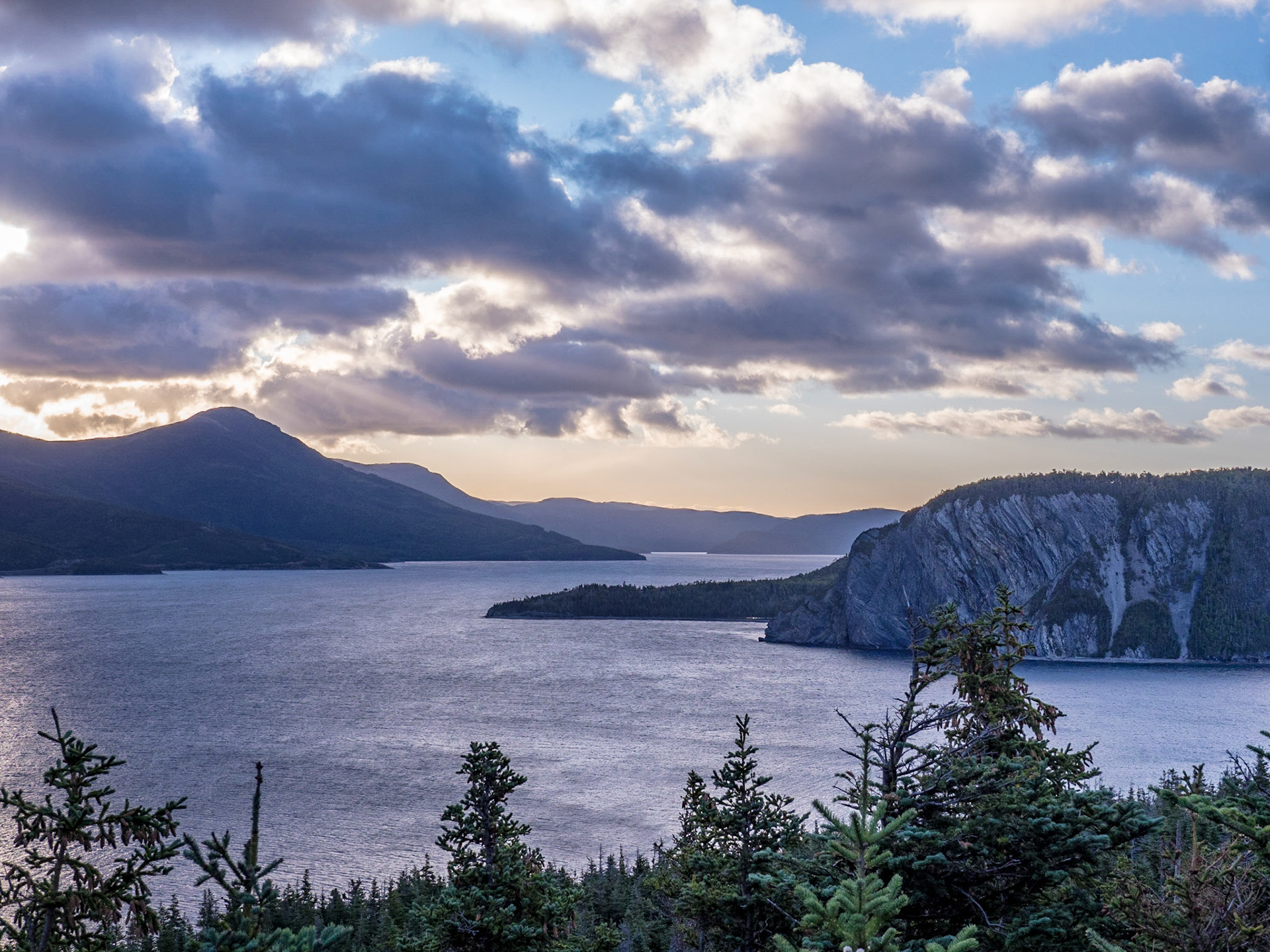 Early morning view from the top of Burnt Hill trail in Norris Point, Newfoundland.