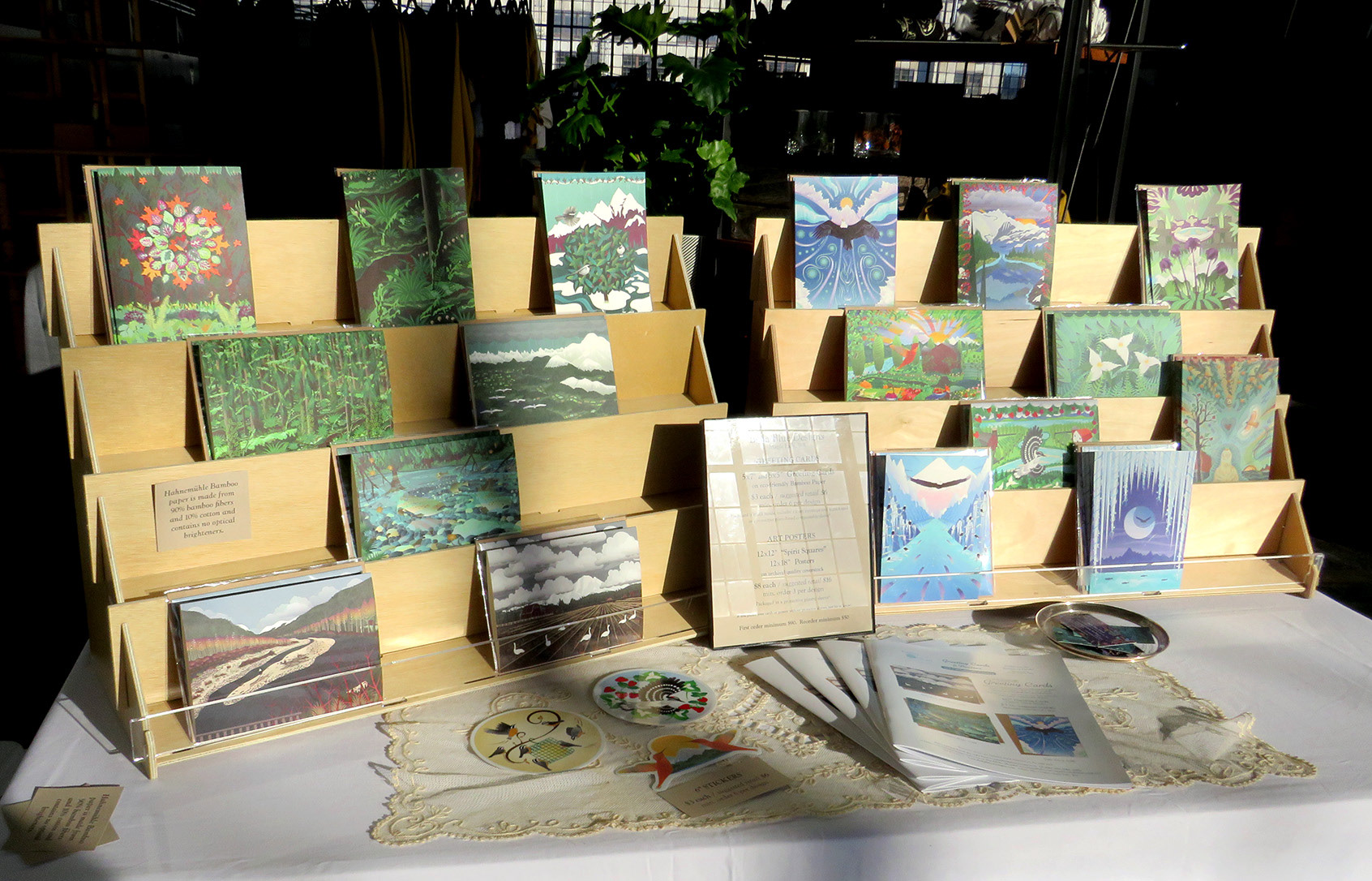 Greeting Card display rack with nature illustrations on cards.
