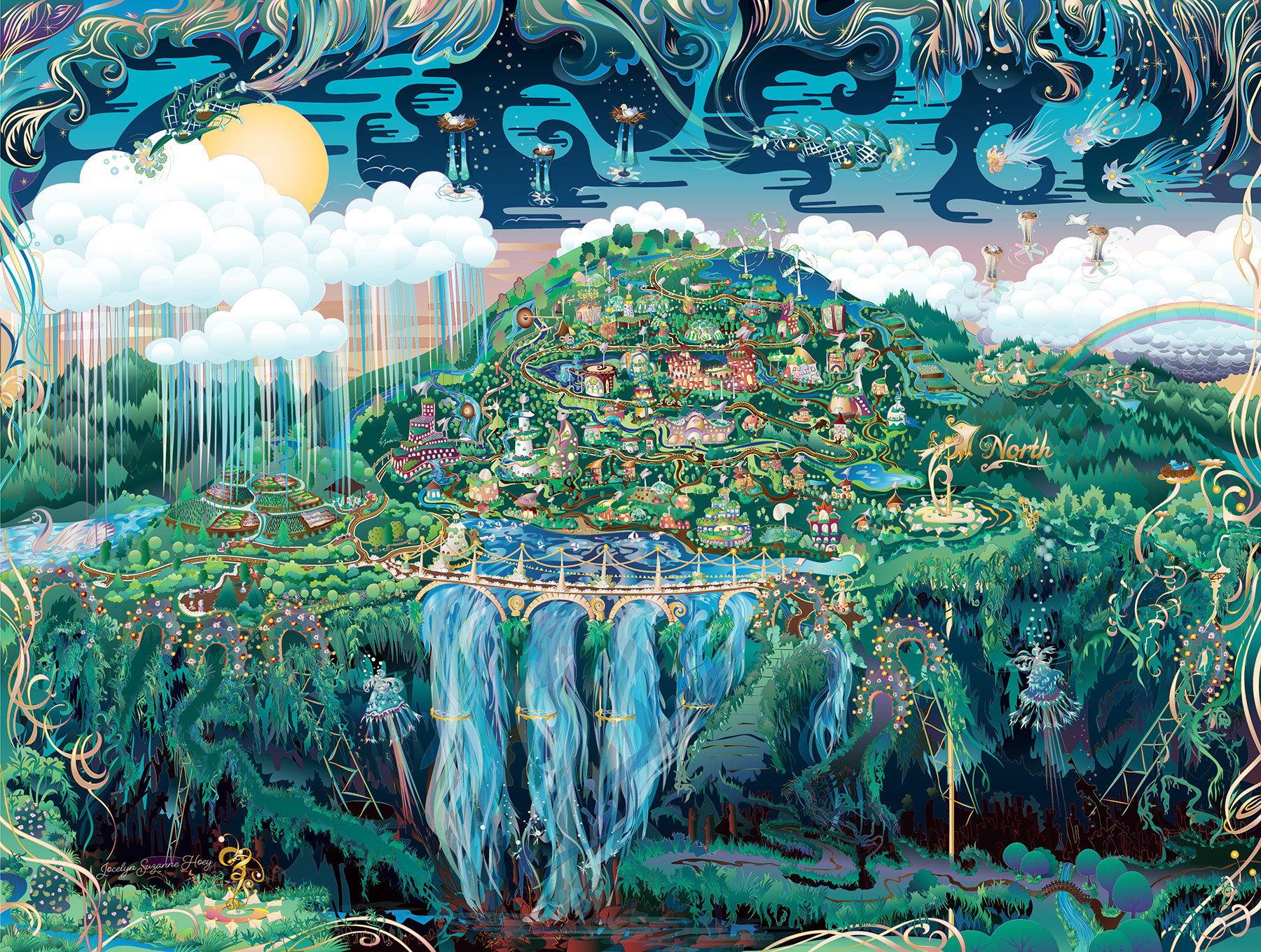 Illlustration of colorful town on a hill.