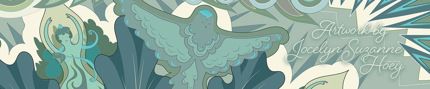 Design artwork of a bird and woman.