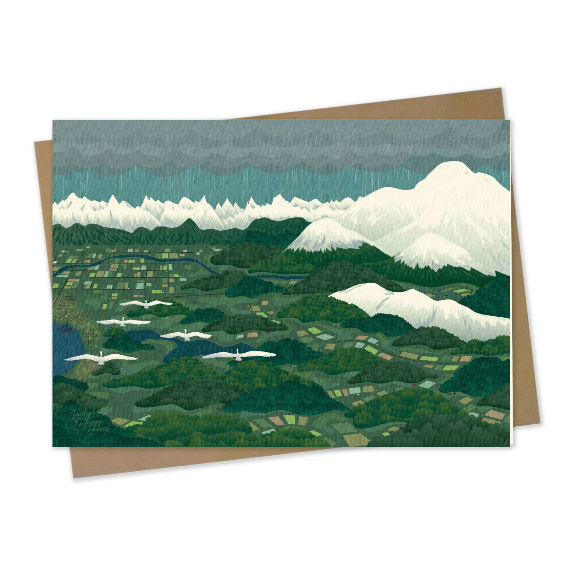 Bamboo Greeting Card: Swans Above Whatcom