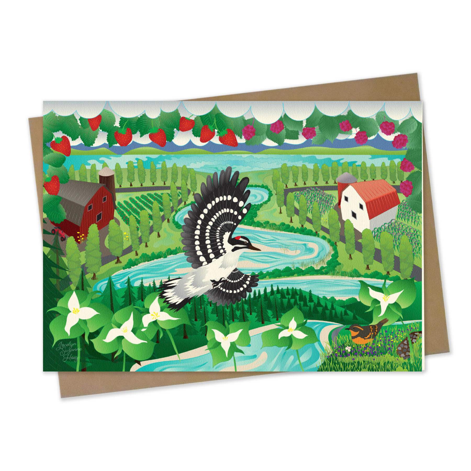 Bamboo Greeting Card : Trillium Woodpecker Berry