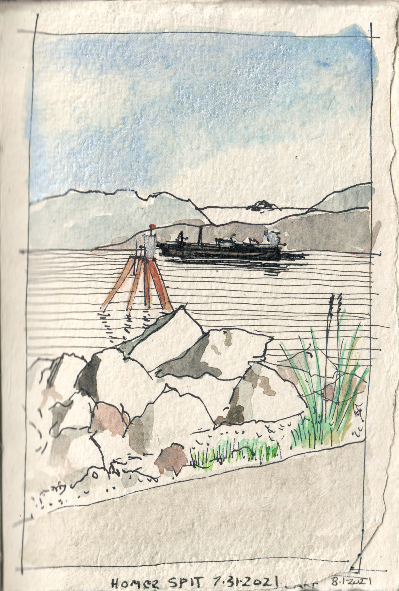 Line and wash on watercolor paper. The original 5"x7" in my journal. I sketched this on-site sitting on a bench on the Homer Split on July 31, 2021.