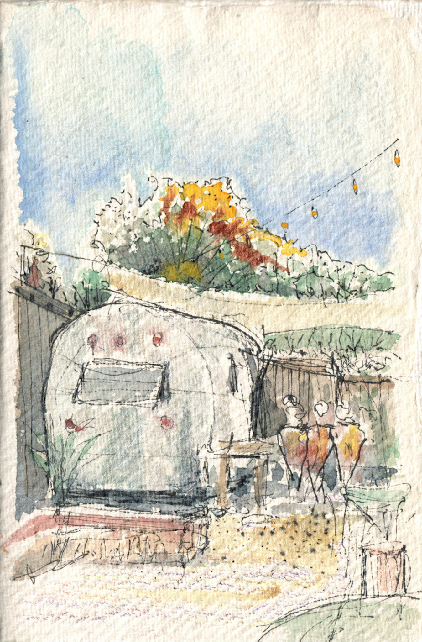 Opening event 5"x7" link and wash watercolor and colored pencils in journal