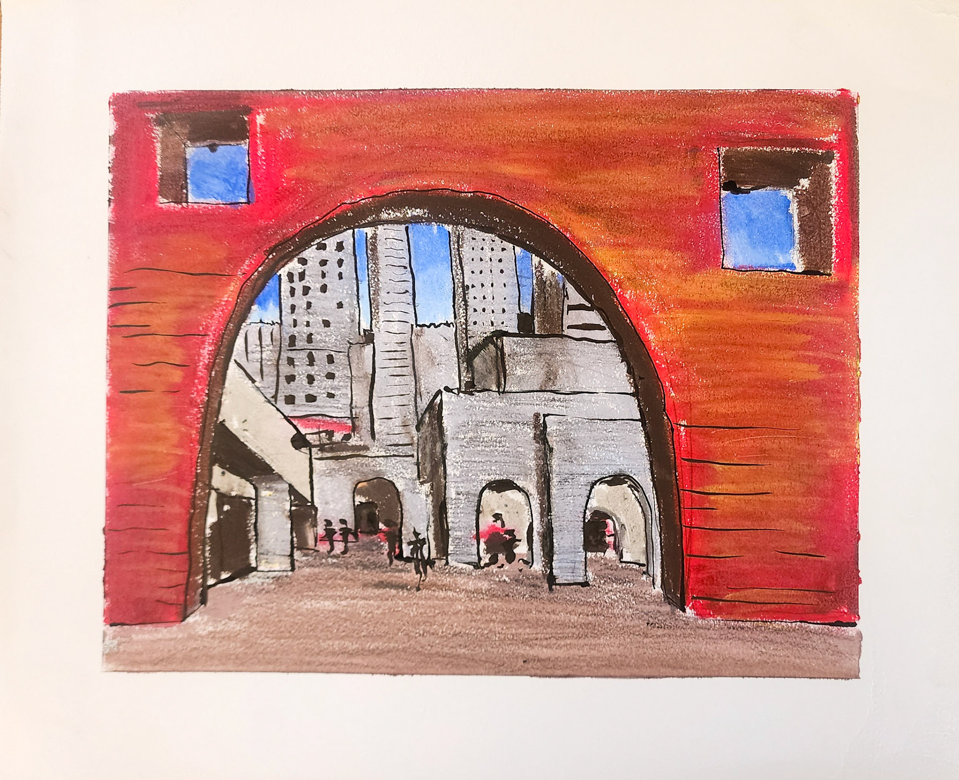 Gel sticks, ink and colored pencil on 17"x14" paper