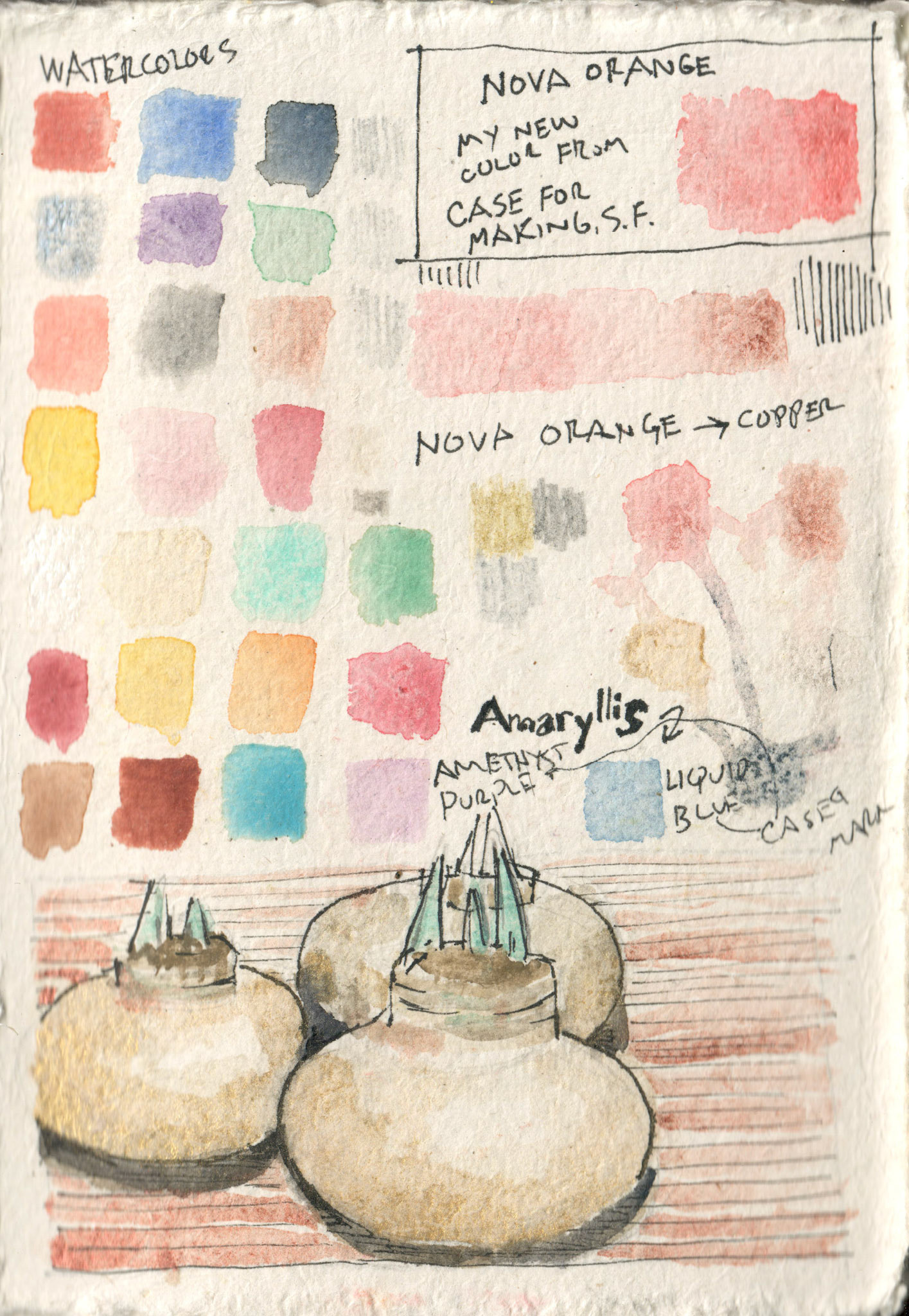 Color swatches from Case For Making watercolors and amaryllis bulbs