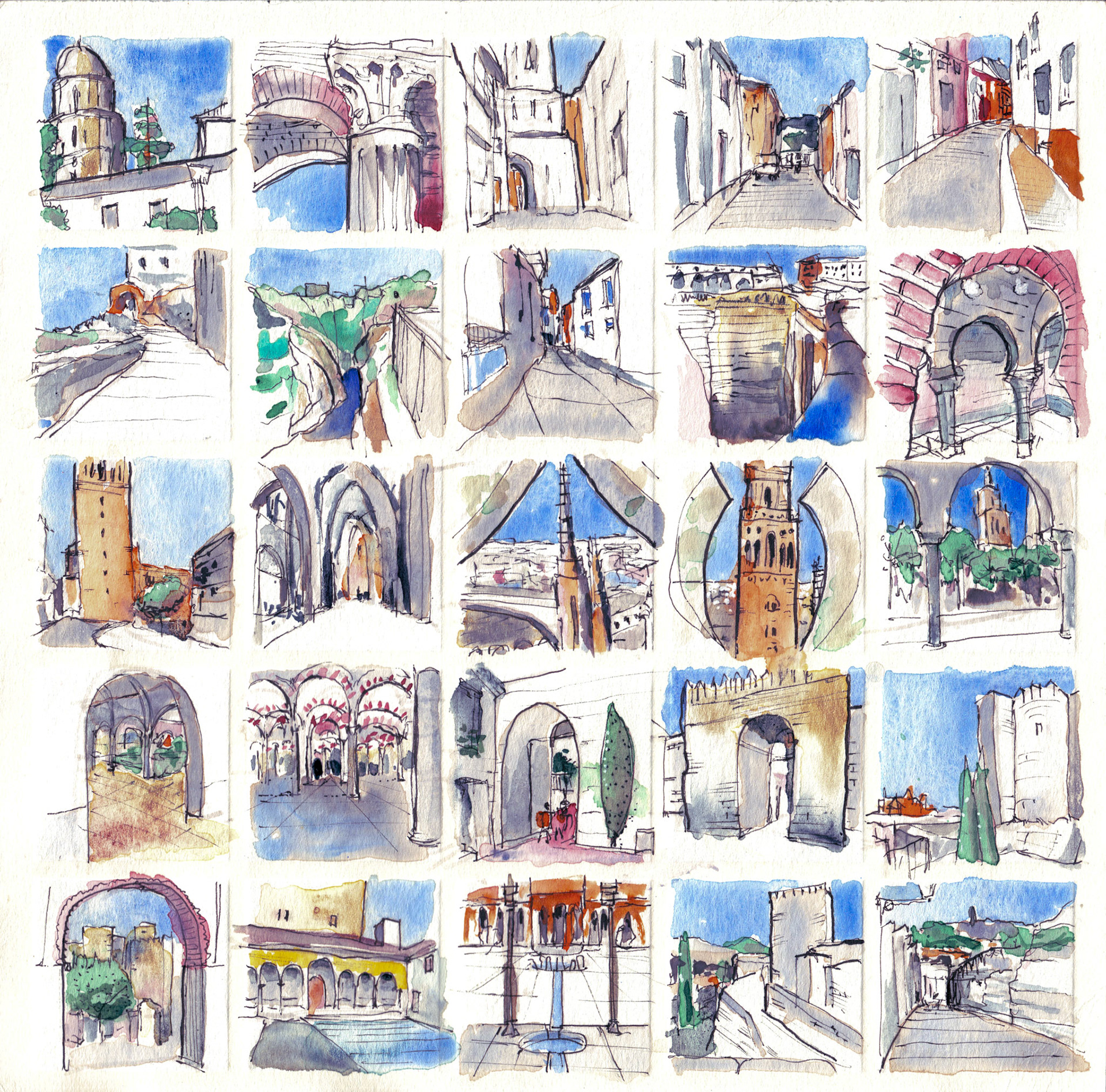 10"x10" Line and wash on watercolor paper of Andalucia Spain