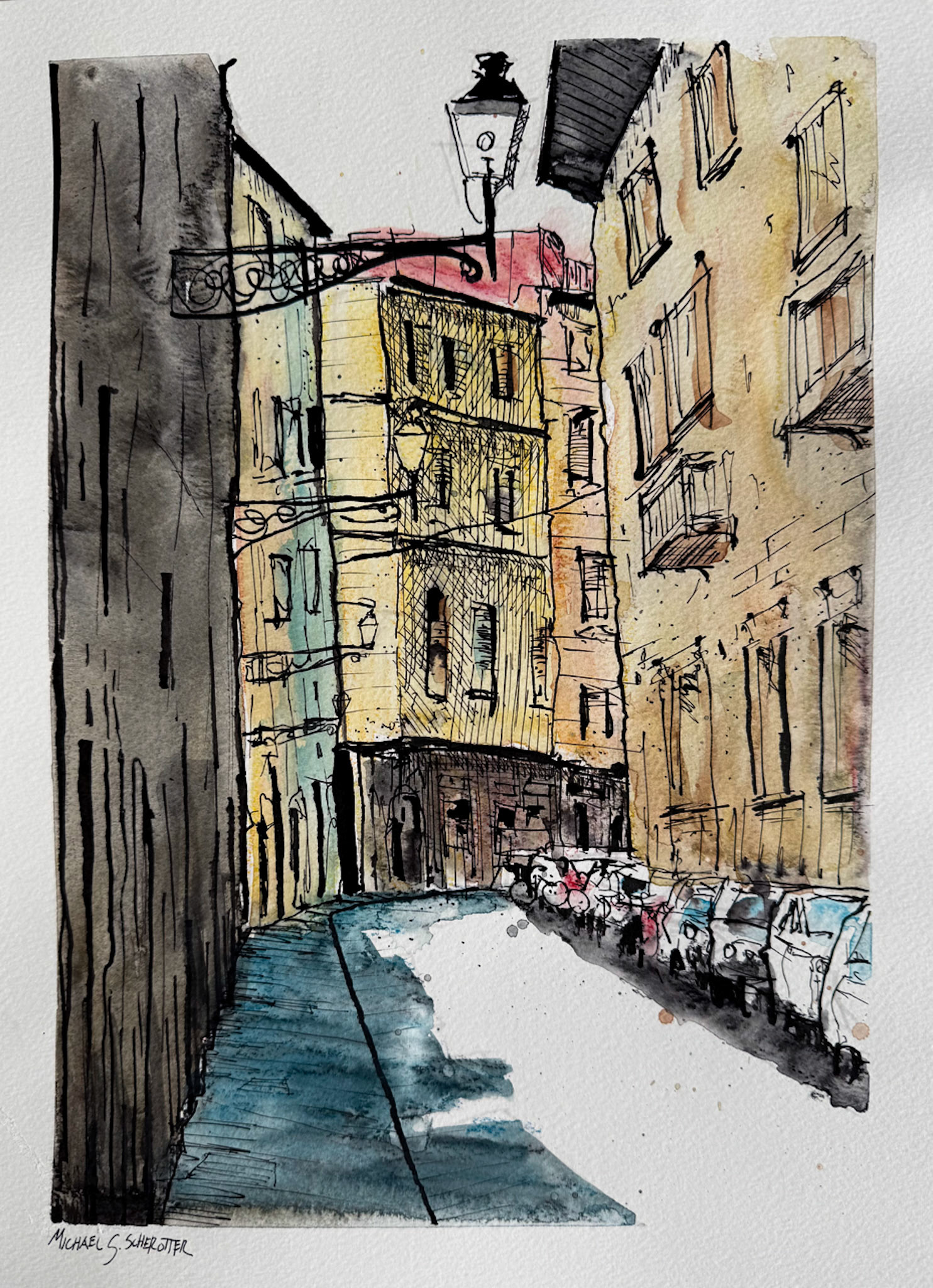 11x15" line and wash watercolor