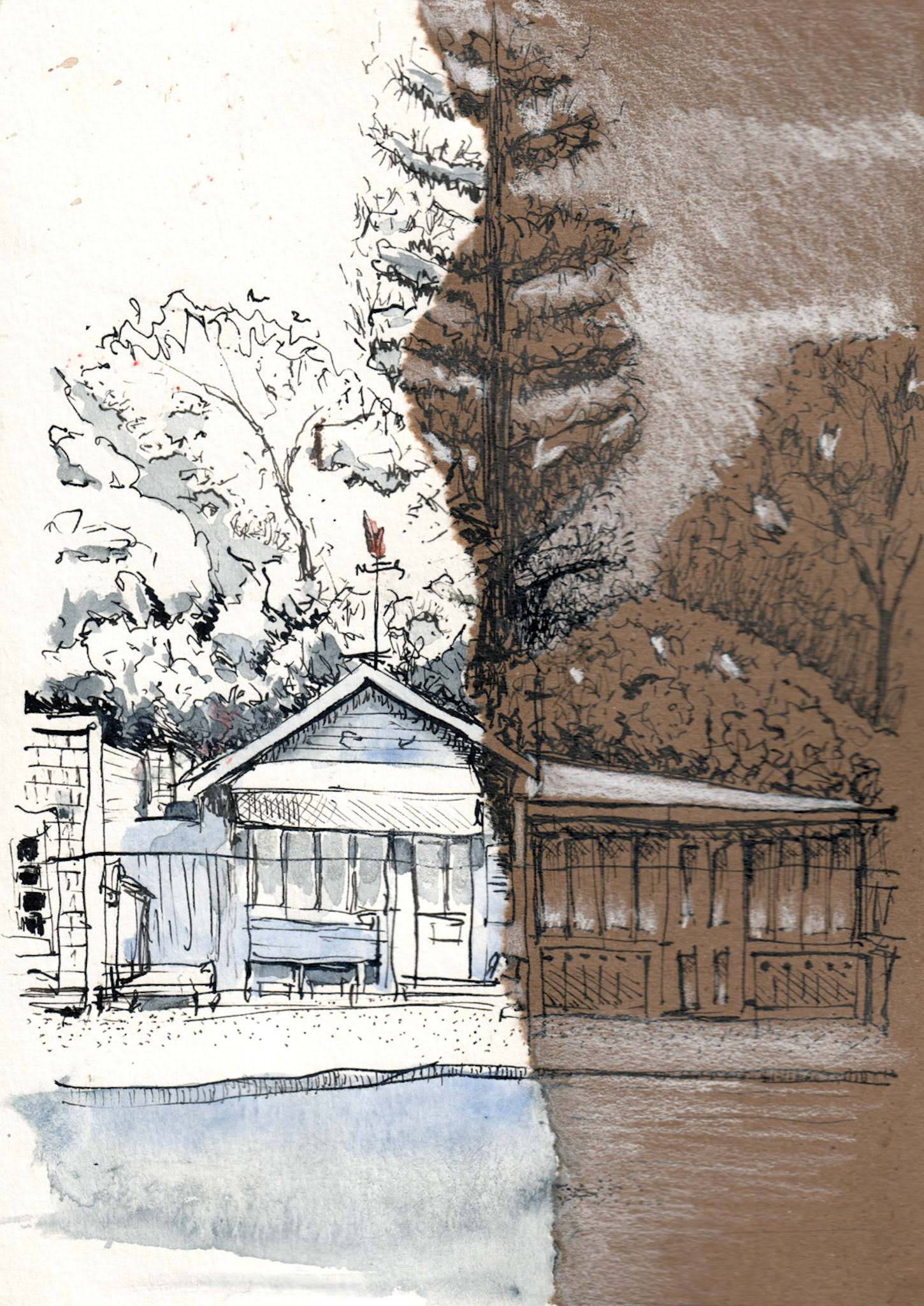 Multi-medium watercolor, ink, and colored pencil on watercolor paper and toned paper