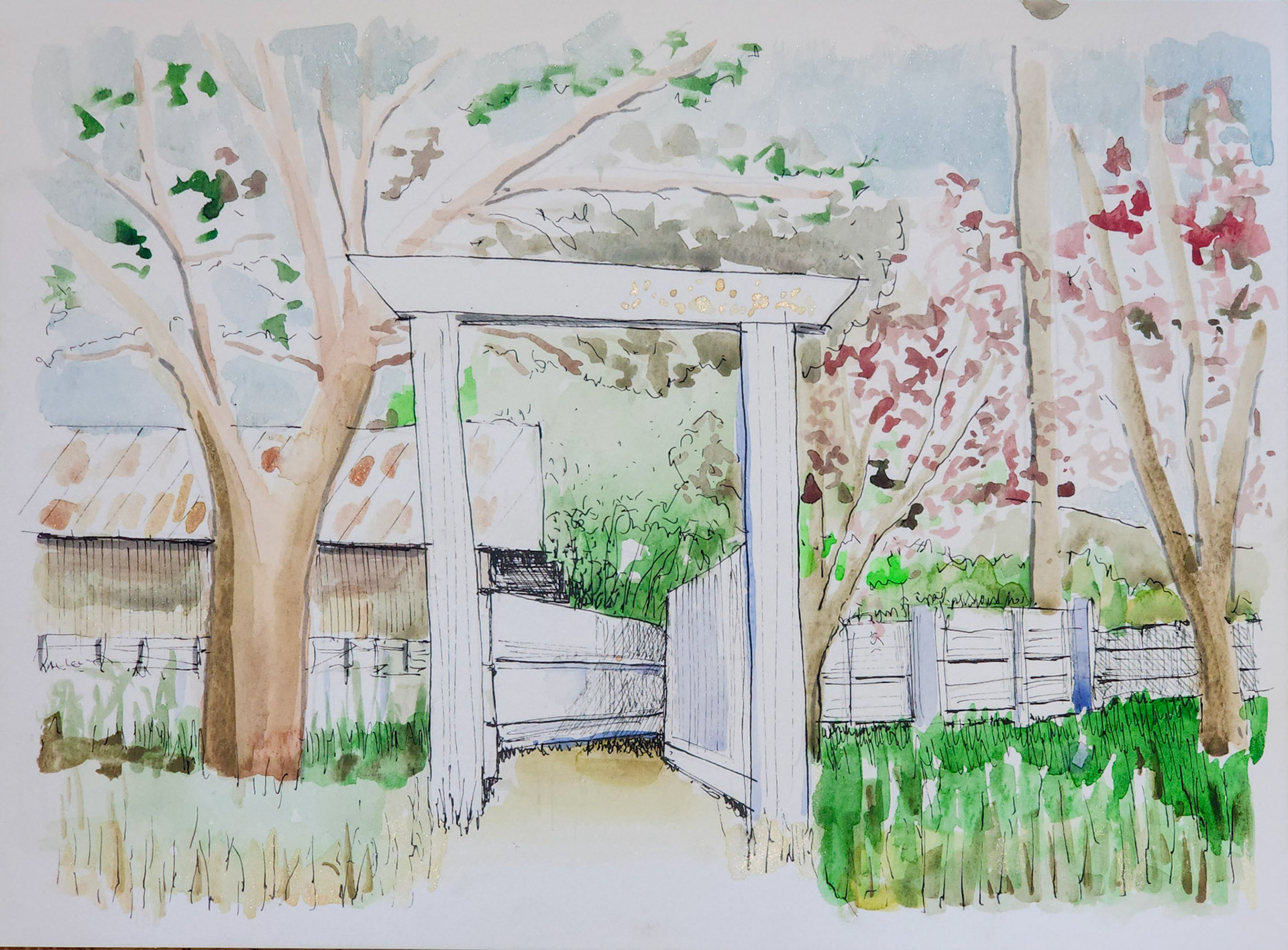 15″x11″ line and wash watercolor on watercolor paper created plein air