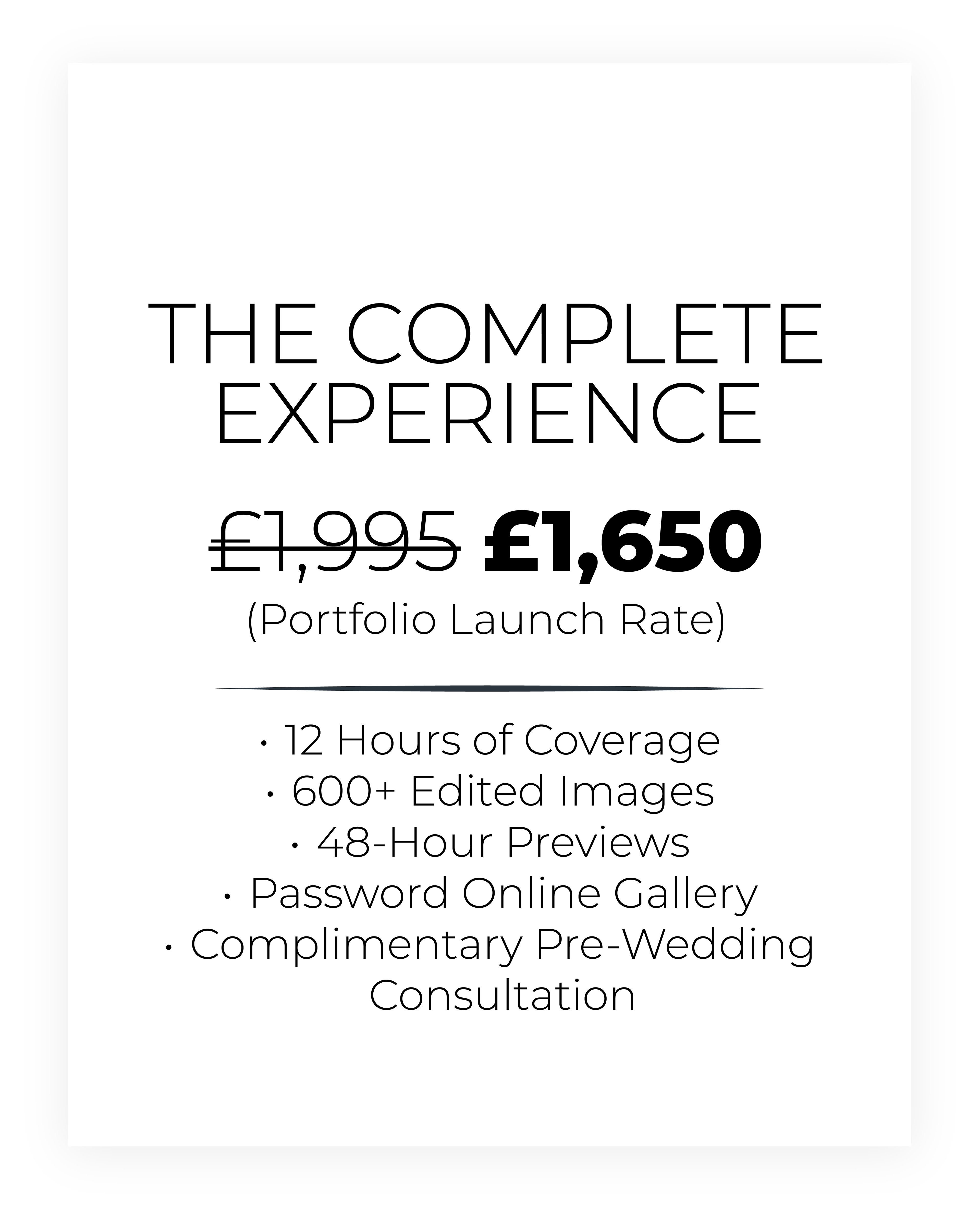 The Complete Experience luxury wedding package by Chazon in Yorkshire. Features 12 hours of coverage, 600+ edited images, and a complimentary pre-wedding engagement shoot for £1,650.