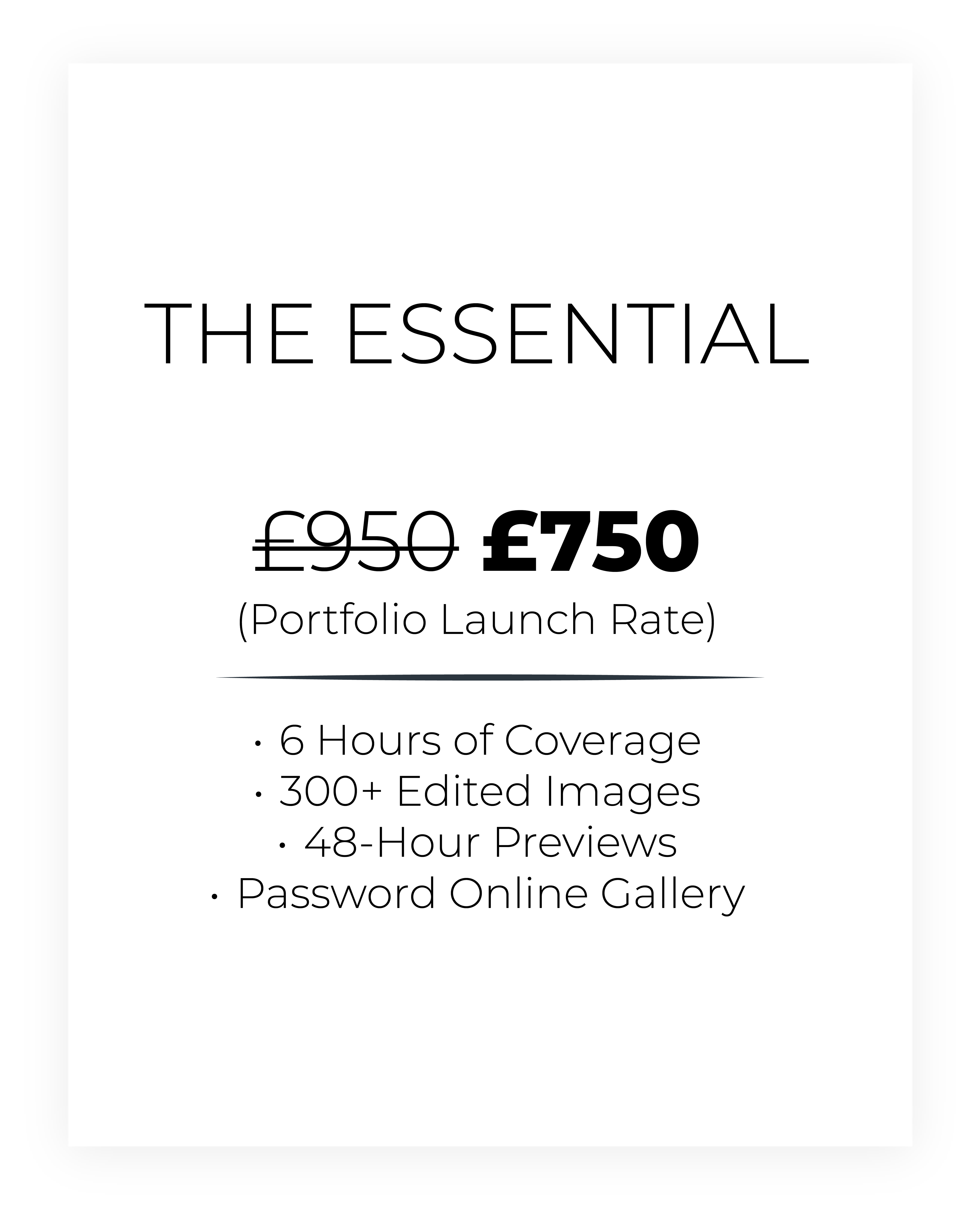 The Essential wedding photography package by Chazon in Leeds and Yorkshire. Features 6 hours of half-day wedding coverage, 300+ edited images, and 48-hour sneak peek previews for £750.