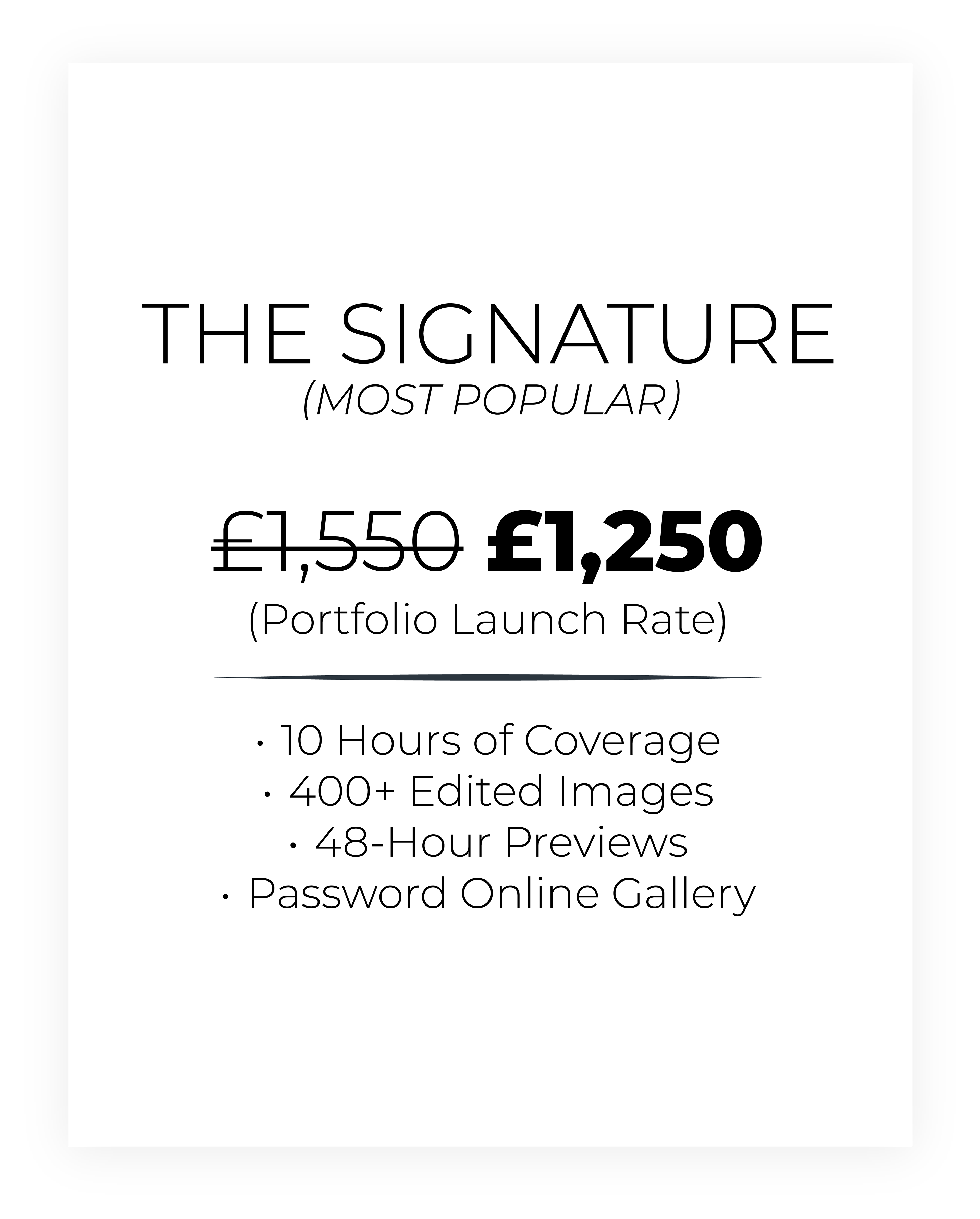The Signature full-day wedding photography package by Chazon, based in Wakefield and Leeds. Features 10 hours of coverage, 400+ professionally edited images, and fast-turnaround previews for £1,250.