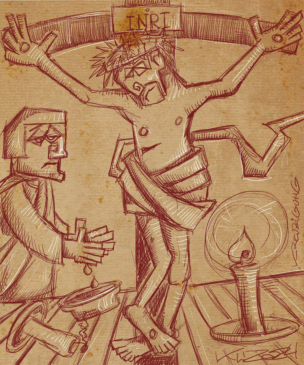 Kreuzigung & Auferstehung (Ecce Scaena) - Diptychon linke Tafel - Digitale Rötelskizze