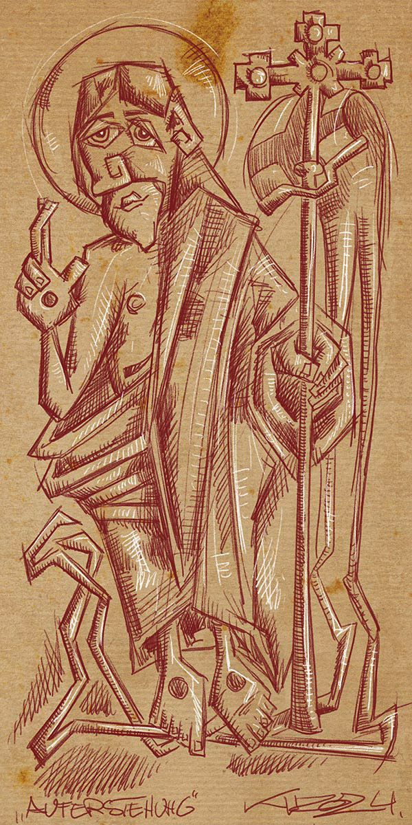 Kreuzigung & Auferstehung (Auferstehung - Christus in Bewegung) - Diptychon rechte Tafel - Digitale Rötelskizze