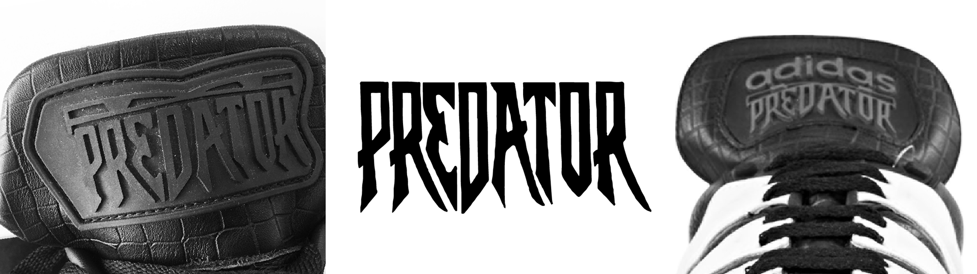 3 photos side-by-side: first is of the tongue of the original predator cleat. Second is a black and white image of the original predator logo. Third is another picture of the tongue of an early-era predator cleat showing the adidas and predator logo locked up together.