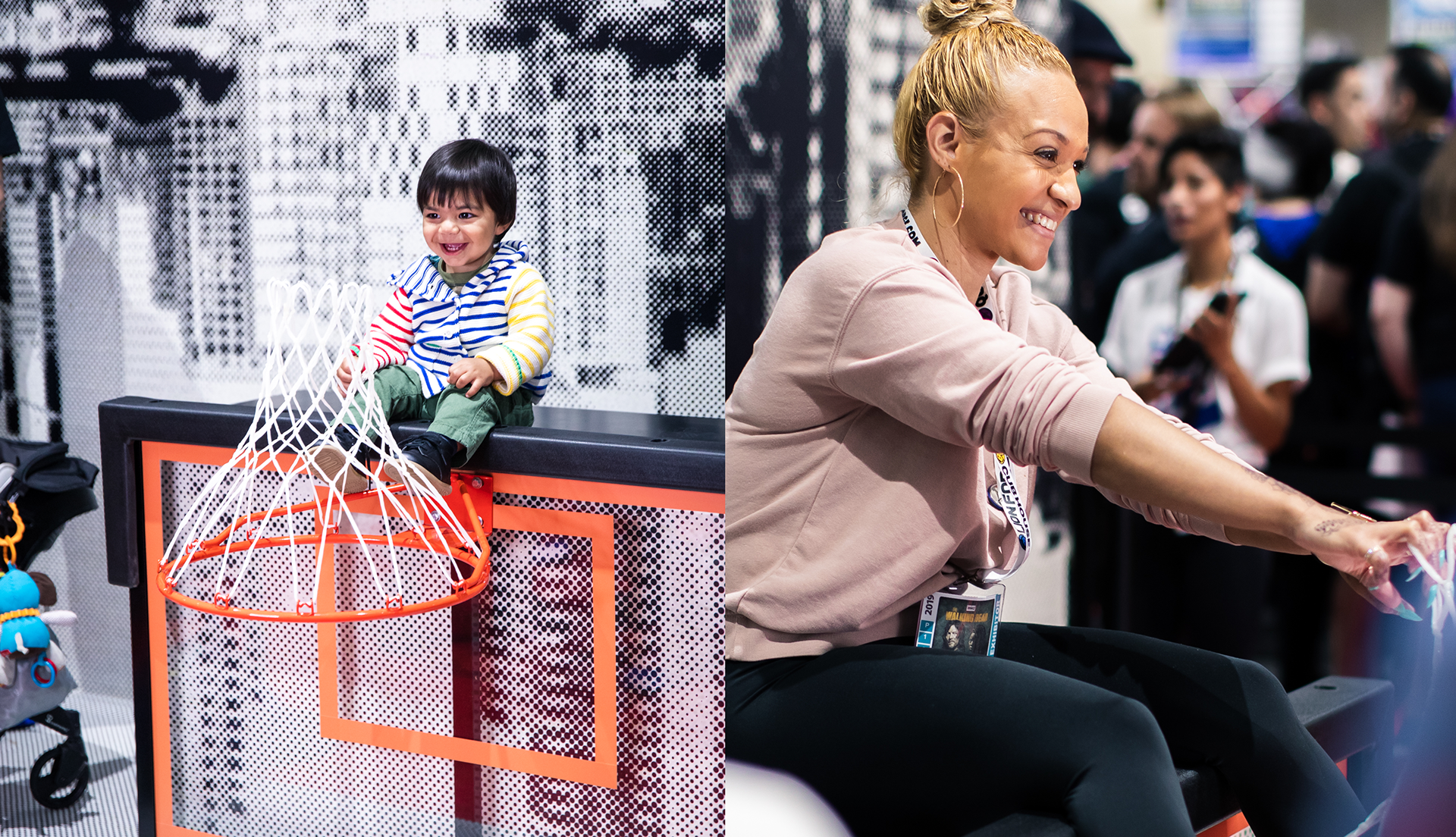Photo of a child and woman getting photo taken atop an upside-down basketball hoop.