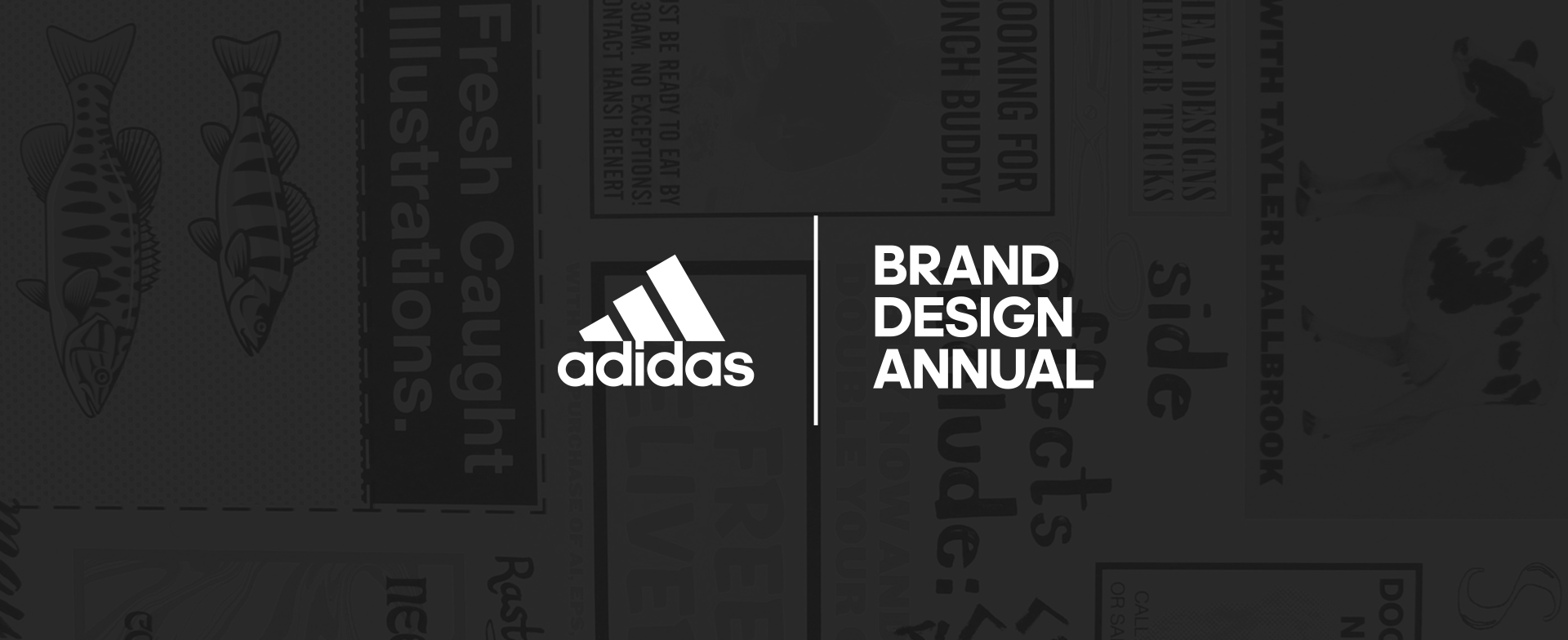 Intro image adidas and Brand Design annual lock-up overlaying a grayscale picture of the newsletter.