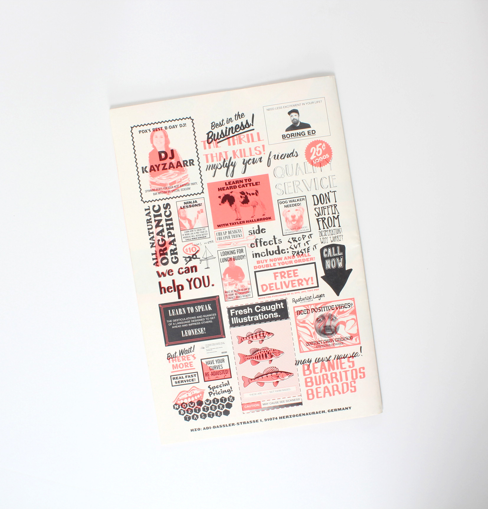 Photograph of back of ID Annual showing additional classifieds where each team member has contributed or poked fun at themselves.