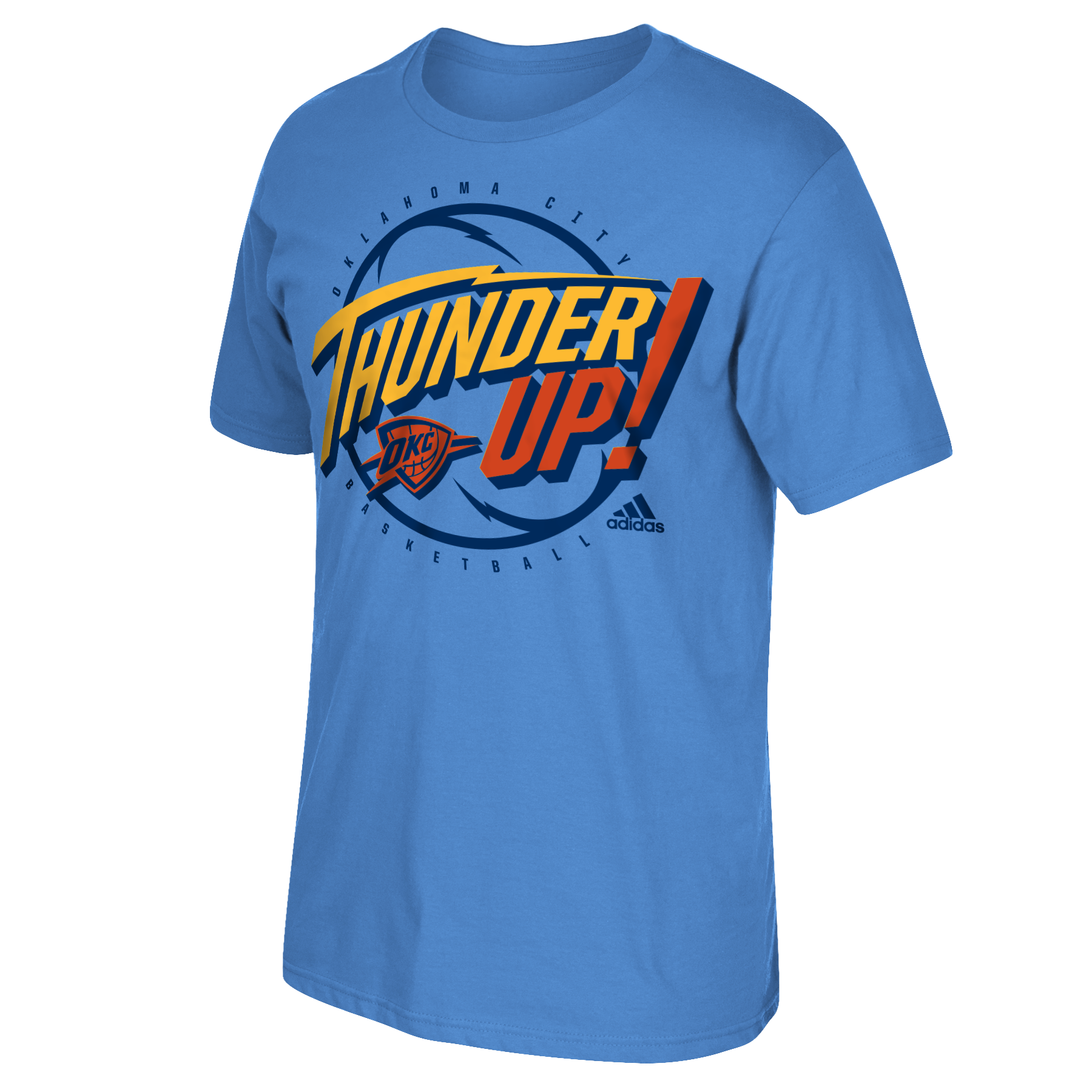 NBA OKC Thunder graphic shown in-situ on a blue t-shirt.