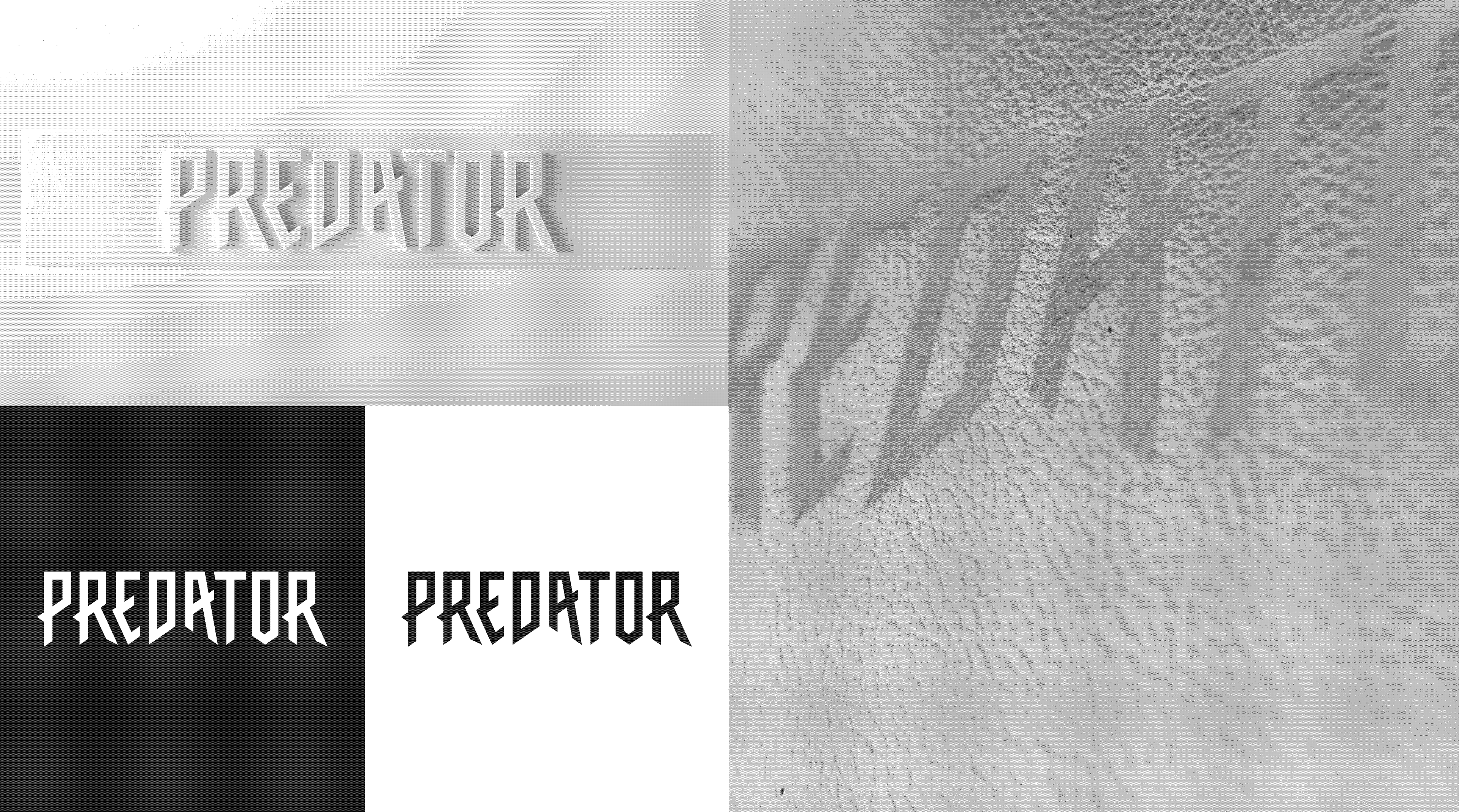 Photo of 3D printed logo, logo etched in leather, and logo in black and white and white on black.